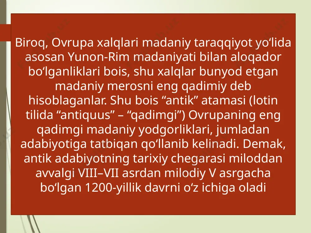i bayon qilinadi. muallifning ta’kidlashicha, zevs taxtni ko‘plab jinoyatlar sodir etgan otasidan tortib oladi va hokimiyatini mustahkamlash uchun kronning qarindoshlari bo‘lgan titanlarga qarshi mashaqqatli kurash olib boradi. titanlar va dahshatli maxluq tifoyga qarshi olib borilgan janglarning bayoni, samoda va yerda odil tartib o‘rnatgan qudratli hamda dono hukmdor zevsni ulug‘lash asarning kulminatsiyasini tashkil qiladi. ayollar jadvali “ayollar jadvali” ham mazmun jihatidan “teogoniya” dostoniga ancha yaqin bo‘lib – asar biror ma’buddan atoqli qahramon farzand ko‘rgan ayollarga bag‘ishlangan. dostondan turli hajmdagi parchalar saqlanib qolgan bo‘lib, ahamiyatli jihati shundaki, ularda homer dostonlarida uchramaydigan, lekin keyingi davrlarda xor lirikasi va tragediyalarda keng foydalanilgan miflar keltirilgan. ezop (akadroz) ezopning ta’sirini keyingi davr masalchilarining deyarli barchasida, jumladan, fransuz yozuvchisi lafonten(xvii asr), nemis adibi lessing(xviii asr), rus masalnavisi krilovda sezish mumkin. alkey (m.av. 630–640 yy. tug‘.) lesbos orolining poytaxti mitilena shahrida badavlat oilada tug‘ilgan. shoir, taxminan miloddan oldingi vii – vi asrlar o‘rtasida ijod qilgan. bu davrlarda zodagonlar …