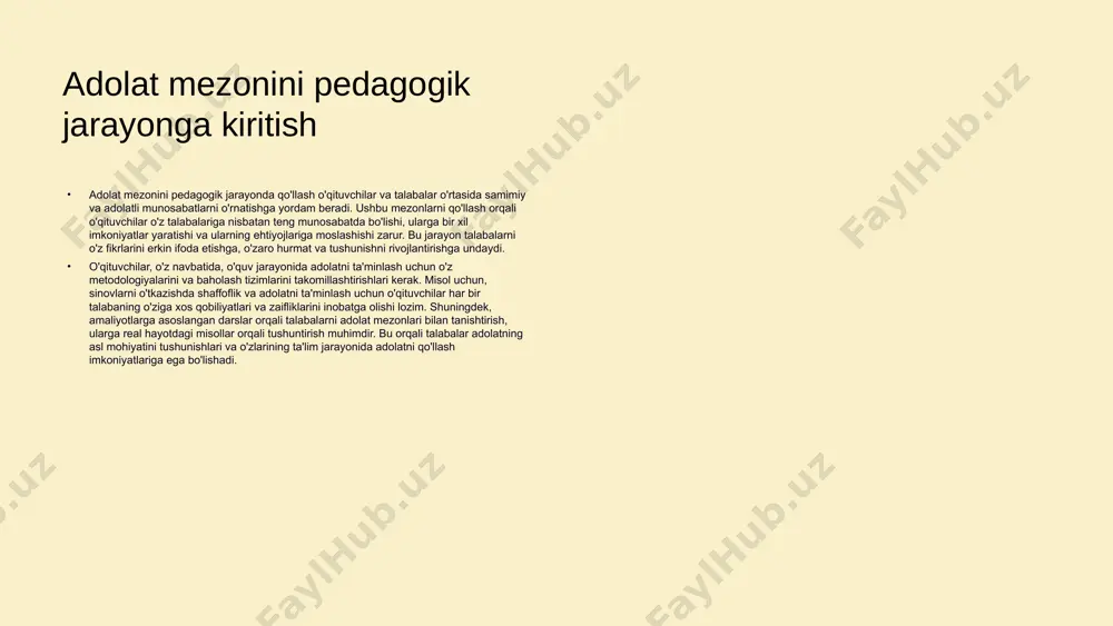 h strategiyalari pedagogik nizolarni hal etishda asosiy rol o'ynaydi. ular ta'lim jarayonida barcha ishtirokchilar uchun adolatli va muvozanatli yechimlarni ta'minlaydi. bunday strategiyalar o'z ichiga maslahatlashuv, muhokama va tenglik asosida qaror qabul qilish jarayonlarini o'z ichiga oladi. ushbu usullar ishtirokchilarning fikrlarini inobatga olishga yordam beradi. samaradorligi isbotlangan strategiyalar, ta'lim muassasalarida muammolarni hal qilishda o'zaro hurmat va tushunishni mustahkamlashga yordam beradi. o'zaro anglashuv bilan hal etilgan nizolar uzoq muddatli natijalarga olib keladi. misol sifatida, bir nechta ta'lim muassasalarida ushbu strategiyalarni qo'llash orqali olingan ijobiy natijalar va muvaffaqiyatli tajribalar keltirilishi mumkin. adolat mezonini qo‘llash amaliyoti adolat mezoni, ta'lim jarayonlarida tenglik va xolislikni ta'minlashga qaratilgan printsipdir. u o'quvchilarning ehtiyojlarini inobatga olish va har bir o'quvchining imkoniyatlarini oshirishda muhim ahamiyatga ega. adolat mezonini qo'llashning asosiy maqsadlari o'quv jarayonlarida o'quvchilarning o'zaro munosabatlarini yaxshilash, nizolarni bartaraf etish va adolatli baholash tizimini yaratishdir. misol sifatida, ta'limda adolat mezonini qo'llash orqali o'quvchilarning individual o'ziga xosliklarini hisobga olish va har …