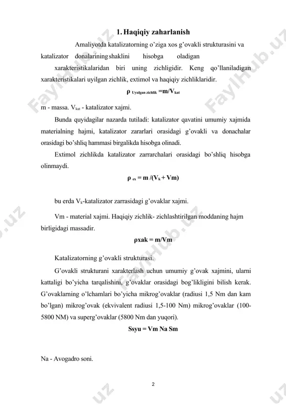an hisob lanadi. smet = am. wna am - xemosorblangan komponetning miqdori, gr/atom,gr molekula. w - har bir yuzadagi atomga to’g’ri keladigan yuza. na - avagadro soni. katalizatorning mexanik qattiqligi. mavhum qaynash qatlamida va xarakatdagi jarayonlarda ishlatiladigan katalizatorlar uchun mexanik sinovlar bir-biridan keskin farqlanadi. stastionar sharoitda ishlaydigan katalizatorlar uchun asosiy ko’rsatkich bu katalizatorni ezib maydalashga mustaxkamligidir. mavhum qaynash qatlamida ishlaydigan katalizatorlar uchun katalizatorni ezib maydalash katta rol uynaydi, balki uning emirilishiga mustaxkamligidir. harakatda bo’ladigan katalizator uchun yuqorida ko’rsatilgan sabablarning ikkalasi ham muhimdir. ezib maydalash mustaxkamligini tekshiradigan bir qancha usullar bor. bu usullarni tanlab olish katalizator donalarining shakliga, olingan natijalarini takrorlash mumkinligiga bog’lik. asosiysi, ko’p kuch sarflanmasdan katalizator donalarini maydalashdir. shar holidagi va noto’g’ri shakldaga katalizator donachalari ikki mustaxkam sterjen orasida parchalanadi, stilindr holidagi tabletkalar, ukiga perpendikulyar ya’ni yonbosh tomonidan kuch tasir etiladi.chervyak va vermishel holidagi tabletkalar egiluvchanligi ham sinab ko’riladi. katalizator tabletkasining mustaxkamligini sinashda eng sodda usul katalizatorni ezib yuborishga …