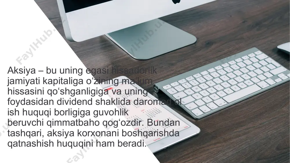gi qonuniga koʻra: obligatsiya – obligatsiyani saqlovchining obligatsiyaning nominal qiymatini yoki boshqa mulkiy ekvivalentini obligatsiyani chiqargan shaxsdan obligatsiyada nazarda tutilgan muddatda olishga, obligatsiyaning nominal qiymatidan qayd etilgan foizni olishga boʻlgan huquqini yohud boshqa mulkiy huquqlarini tasdiqlovchi emissiyaviy qimmatli qogʻoz. © copyright showeet.com 7 obligatsiya uning egasiga obligatsiyaning nominal qiymatidan qatʼiy belgilangan foiz boʻyicha daromadni olish huquqini belgilaydi. obligatsiya boʻyicha daromad foiz yoki diskontda ifodalanadi.obligatsiya – oʻz ichiga ikkita quyidagi asosiy elementni mujassamlashtirgan qarzni ifodalovchi qimmatli qogʻozdir: - emitent obligatsiya titulida koʻrsatilgan summani muddati kelganda uning egasiga qaytarishi; - emitent majburiyati obligatsiya egasiga obligatsiya nominal qiymatidan kelib chiqqan holda qatʼiy belgilangan foiz toʻlovlarini amalga oshirishi. 01 click to add your text here aksiya va obligatsiya oʻrtasidagi tamoyilial farq aksiya ulush munosabatini anglatishi, obligatsiya esa qarz munosabatini anglatishida namoyon boʻladi. bunda aksiyani sotib olgan investor kompaniya emitentning mulkdoriga, yaʼni ulushidan kelib chiqqan egasiga aylanadi. obligatsiya sotib olgan investor kompaniya emitentning kreditoriga aylanadi. …