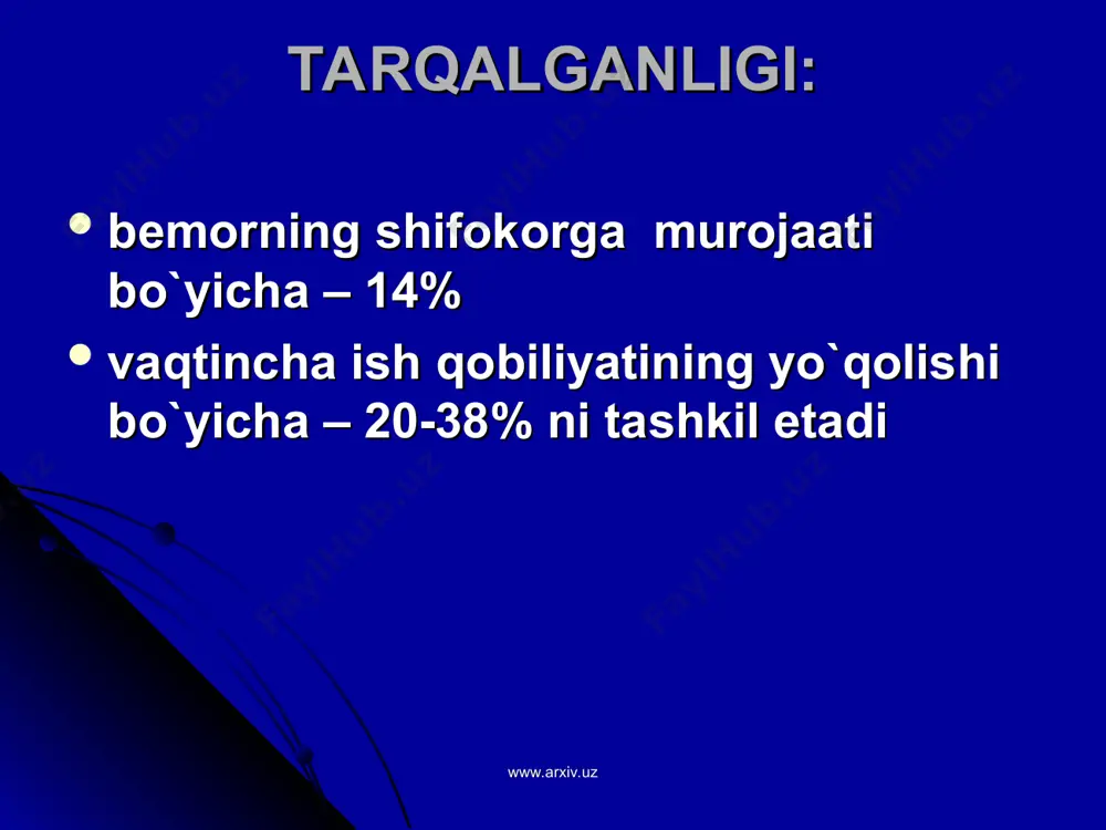 unksional xususiyatlarining o`zgarishi yallig`lanish rivojlanishi bronxlar o`tkazuvchanligi va drenaj faoliyatining buzilishi www.arxiv.uz www.arxiv.uz klinika – uchlik kompleks balg`amli yo`tal hansirash (ekspirator) subfebril temperatura obstruksiya belgilari nafas chiqarish fazasining uzayishi bemorning yotgan holatida nafas chiqarish vaqtida xushtaksimon xirillashlar o`pkaning obstruktiv emfizemasi www.arxiv.uz www.arxiv.uz surunkali bronxit kechishi i variant – emfizematoz tip (tip a, «hansirashli» tip) pushtirang «hansirovchilar «(pishillovchilar) o`pka emfizemasi ustunlik qiladi simptomlar 60 yoshdan keyin namoyon bo`ladi sekin avj oluvchi xususiyatga ega www.arxiv.uz www.arxiv.uz ii variant – bronxitik tip (tip v, «yo`taluvchi» tip) ko`kimtir «shishinqiragan» maxsuldor yo`tal kuchsiz hansirash navqiron yoshda kasallik belgilari distansion xushtaksimon xirillashlar tnf – keskin buzilgan tez avj olish xususiyatiga ega www.arxiv.uz www.arxiv.uz asoratlari infeksiya bilan bog`liq (pnevmoniya, bek, ba (noaller) va astmatik) sb evolyusiyasi bilan bogliq (o`e, diffuz pnevmoskleroz, o`e, o`pka-yurak, o`ng qorincha yetishmovchiligi rivojlanishi bilan) www.arxiv.uz www.arxiv.uz tekshirish dasturi umumiy klinik tekshiruvlar balg`am taxlili tnf ko`krak qafasi rentgenografiyasi bronxografiya (be gumon qilinganda) kt www.arxiv.uz …