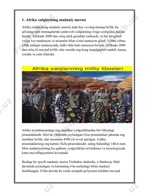 umotlar: afrika qit'asi dunyodagi eng til boy mintaqalardan biri sanaladi. afrikada taxminan 1500 dan 2000 gacha bo'lgan til mavjudligi qayd etilgan. ushbu tillarni bir necha asosiy tillar oilasiga ajratish mumkin, jumladan: afroosiyo tillari, niger-kongo tillari, nil-sahroi tillari va koysan tillari. 1. **afroosiyo tillari:** afroosiyo tillar oilasi afrikaning shimoliy qismida va yaqin sharqda keng tarqalgan. bu til oilasiga arab tili, somal tili, berber tillari, hausa tili va amhar tili kiradi. arab tili afrika shimolidagi ko'plab davlatlarda, jumladan, misr, sudan, marokash, jazoir va tunisda rasmiy yoki nufuzli til sifatida qo'llaniladi. 2. **niger-kongo tillari:** bu eng katta til oilalaridan biri bo'lib, afrikaning janubiy, markaziy va g'arbiy qismlarida keng tarqalgan. bu oilaga yoruba, igbo, fulani va suaxili tillari kiradi. suaxili tili afrikaning sharqiy sohillarida, tanzaniya, keniya, uganda va mozambikda keng tarqalgan va mintaqaviy til sifatida servis qiladi. 3. **nil-sahroi tillari:** bu til oilasi nil daryosi bo'ylab va sahroi kabir cho'lining janubidagi hududlarda tarqalgan. sudanda …