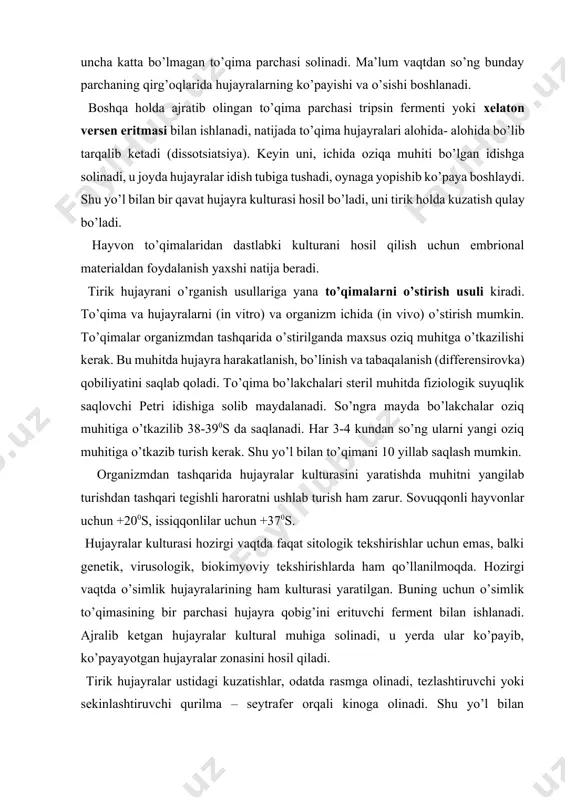 li haroratni ushlab turish ham zarur. sovuqqonli hayvonlar uchun +200s, issiqqonlilar uchun +370s. hujayralar kulturasi hozirgi vaqtda faqat sitologik tekshirishlar uchun emas, balki genetik, virusologik, biokimyoviy tekshirishlarda ham qo’llanilmoqda. hozirgi vaqtda o’simlik hujayralarining ham kulturasi yaratilgan. buning uchun o’simlik to’qimasining bir parchasi hujayra qobig’ini erituvchi ferment bilan ishlanadi. ajralib ketgan hujayralar kultural muhiga solinadi, u yerda ular ko’payib, ko’payayotgan hujayralar zonasini hosil qiladi. tirik hujayralar ustidagi kuzatishlar, odatda rasmga olinadi, tezlashtiruvchi yoki sekinlashtiruvchi qurilma – seytrafer orqali kinoga olinadi. shu yo’l bilan hujayralarning bo’linishi, fagotsitoz, sitoplazmaning oqishi, kipriklarning harakati kabi jarayonlarni kuzatish mumkin. tirik holda bo’yash metodi. hujayralar struktura elementlarining tuzilishini tirik holda o’rganish muhim ahamiyatga ega. buning uchun hujayralarni tirik holda bo’yash metodidan foydalaniladi,bunda tirik hujayra uchun nisbatan kam zaharli bo’lgan tirik holda bo’yovchi bo’yoqlardan foydalaniladi. kimyoviy tuzilishiga ko’ra ular aromatik qator organik birikmalarga kiradi. ularning kislotali va asosli xususiyatga ega bo’lganlari mavjud. kislotali bo’yoqlardan ko’proq tripan ko’ki (0,5% …