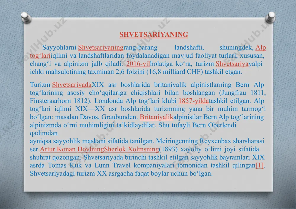mir yoʻllari bilan ajralib turadi. jeneva koʻli, mamlakatning eng katta koʻli. riviera va koʻplab uzumzorlari bilan mashhur. konstans koʻli, mamlakatning ikkinchi yirik koʻli seeland, neuchâtel,biel va morat koʻllari mintaqasi yura togʻlari, shvetsariya platosining shimolidagi oʻrtacha balandlikdagi togʻli hudud reyn, mamlakatning eng katta daryosi. reyn sharsharasi bilan ham mashhur italiya koʻllari, italiya chegarasidagi koʻllar guruhi (maggiore va lugano), mamlakatdagi eng issiq joy ekanligi bilan ajralib turadi[ piyoda yurish piyoda yurishshvetsariyadagiasosiy sport turlaridan biri boʻlib, koʻpincha „milliy sport“ deb ataladi. aholining uchdan bir qismi muntazam ravishda piyoda yurish bilan shugʻullanadi. har yili shvetsariyaliklar jami 520million kilometr (130million soatda) sayohat qiladilar[3]. velosiped haydash bilan bir qatorda, umuman olganda, yurish ijtimoiy kelib chiqishidanqatʼi nazar, harakatlanishning afzal koʻrilgan shaklidir.umumiy piyoda yoʻllari tarmogʻi taxminan 65 000 kilometrni tashkil qiladi[4]. image5.png image6.png image3.jpeg image4.png