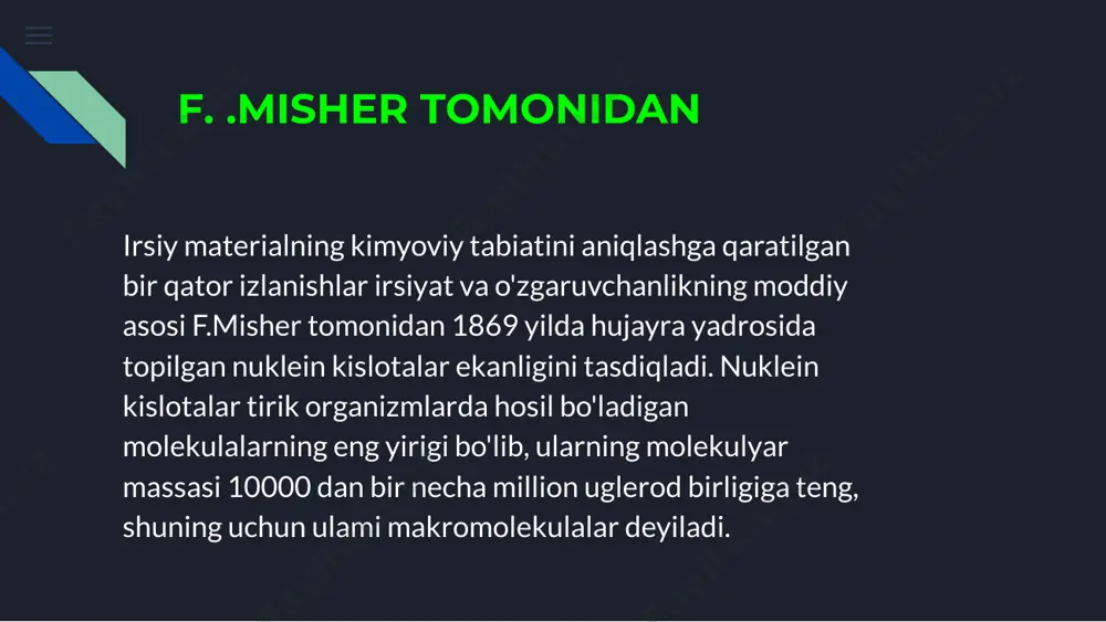 rqatiladi. viruslar (virionlar virosporalar) viruslar (virionlar, virosporalar) oqsil parda - kapsid va genetik materialni o'zi saqlovchi - nukleoiddan iborat. ko'p viruslar ustidan oqsil va lipidlardan iborat yana parda - adperkapsid bilan o'ralgan (5-rasm). viruslarning yetuk zarrachalari virospo (virion)larda hayot belgilari ko'rinmaydi. ammo viruslar hayotining shu bosqichida hujayraga kirishi bilan tiriklikning barcha belgilarini namoyon qiladi. shuning uchun xam viruslarga o'lik materiya bilan tiriklik oralig'idagi evolyusion yo'lak deb ham qaraladi. rnk - ribonuklein kislota rnk - ribonuklein kislota dnk molekulasidan farqli ravishda, kichik o'lchamli bitta zanjirdan iborat polimerdir. rnkning monomeri ham nukleotidlar hisoblanadi va u qand-ribozadan, fosfat kislota qoldig'i va azotli asoslardan tashkil topgan. azotli asoslardan uchtasi dnkdagi kabi adenin, guanin, sitozin to'rtinchisi esa uratsil hisoblanadi. etiboringiz uchun raxmat @dr_umidshoh image8.png image6.png image7.png image5.jpg