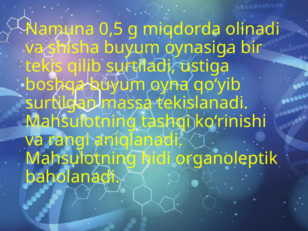 vvoyi hayvonlarning go'shti bilan almashtiriladi. biroq, yovvoyi hayvonlarning aksariyat turlarining g`oshti terisidan ajratilgandan 3-4 soat o'tgach ko'k-binafsha rangga aylanadi va ba'zida atmosfera kislorod bilan oksidlanishi tufayli qorayadi (masalan, sayg'oq go'shti). qo'shimcha aniqlash funksiyasi sifatida glikogen reaksiya qo'llanilishi mumkin: yovvoyi hayvonlarda (shu jumladan mushuklar, itlar) ijobiy va uy hayvonlarida salbiy natija beradi. mol go'shti, qo'zichoq va cho'chqa go'shti tarkibida glikogen 0,2-0,3%, ot go'shtida 0,1, it go'shtida 2% gacha. katta yoshli hayvonlarning go'shti qattiqroq konsistentsiyaga ega, ko'pincha mushaklar orasidagi yog 'qatlamlari yo'q. yosh hayvonlarning go'shti yumshoqroq, nozik tolali organoleptik xususiyatlarda uy hayvonlarining go'shtiga katta yoshli yovvoyi hayvonlarning go'shtiga qaraganda yaqinroqdir yovvoyi hayvonlarning tana go'shtini terining ostidagi yog'larning to'planishi bilan ham aniqlash mumkin. yovvoyi hayvonlarning ko'p turlari ( sayg'oqlar, yovvoyi to'ng'izlar, quyonlar) tana go'shtida mayda bo'laklar shaklida yog` to'planishiga ega. ba'zi yovvoyi hayvonlar va qushlarning go'shti o'ziga xos, ba'zida yoqimsiz hidga ega (yovvoyi cho'chqalar, ayiqlar). hayvonlarning tana go'shtlarini skelet tuzilishi bilan ham aniqlash …