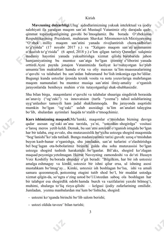 lgan “og‘zaki” uslub asosidagi ta’lim an’analari talaygina bo‘lib, shulardan ayrimlari haqida to‘xtalib o‘tmoqchimiz. kurs ishimizning maqsadi.ma’lumki, maqomlar o‘tmishdan bizning davrga qadar asosan og‘zaki an’ana tarzida, ya’ni, “ustozdan–shogirdga” vositasi o‘laroq meros yetib keldi. demak, bu san’atni astoydil o‘rganish istagida bo‘lgan har bir talaba, eng avvalo, shu mutaxassislik bo‘yicha ustozga shogird maqomida “bog‘lanishi”ko‘zda tutiladi. bunga madaniyatimiz tarixi guvoh: uzoq o‘tmishdan buyon kasb-hunar o‘rganishga, shu jumladan, san’at turlarini o‘zlashtirishga bel bog‘lagan ota-bobolarimiz birinchi galda shu soha mutaxassisi bo‘lgan ustozga shogird tushish harakatida bo‘lganlar. bil’aks, shogird ko‘zlagan maqsad poyoniga yetolmagan. hazrat navoyning zamondoshi va do‘sti husayn voiz koshifiy bu borada shunday o‘git beradi: ”bilgilkim, har bir ish ustozsiz amalga oshmagay va kimki ustozsiz bir ishni qilur ersa, ul ishning asosi mustahkam bo‘lmag‘ay... kimki, ustozsiz ish boshlagan bo‘lsa, ishi va amali samara qozonmaydi, ustozning etagini tutib shod bo‘l, bir muddat ustodga xizmat qilgin-da, so‘ngra o‘zing ustod bo‘l.ustozdan saboq ola boshlagan har bir talabgor esa shogirdlik …