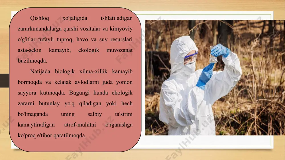 i oqibatlari ta'kidlangan. . tashkilotimiz qishloq xo'jaligi kimyoviy moddalari doirasida gerbitsidlarni sinash bo'yicha xizmatlar o'rtasida ekologik amaliy tadqiqotlar olib boradi. ushbu tadqiqotlar davomida mahalliy va xorijiy tashkilotlar tomonidan e'lon qilingan standartlardan va umuman qabul qilingan test va tahlil usullaridan foydalaniladi laboratoriyamizda gerbitsidlarni sinash bo'yicha xizmatlar o'rtasida atrof-muhit holatini o'rganish bo'yicha xizmatlardan tashqari, boshqa o'lchov, sinov va tahlil ishlari ham olib boriladi.