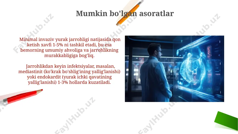 2-3 soatga qisqartirishga imkon beradi, bemorlarning kasalxonada yotgan vaqtini sezilarli darajada kamaytiradi. minimal invaziv yurak jarrohligi usullari minima invaziv yurak jarrohligi operatsiyasi vaqtida, torakoskopiya yoki robototexnika texnologiyalari kabi maxsus uskunalar qo‘llaniladi, bu esa jarrohga yuqori aniqlikdagi tasvirlarni va aniq harakatlarni ta'minlaydi. ushbu usul yurak klapanlari ta'mirlash yoki almashtirish, koronar arteriya shuntingi kabi 80% dan ortiq yurak jarrohlik amaliyotlarini amalga oshirish imkonini beradi. jarrohlikdan keyingi davr rejalashtirilgan fizioterapiya mashqlari, masalan, chuqur nafas olish va yo'talish, o'pka infektsiyasining oldini olish va bemorning tezroq tiklanishiga yordam beradi, odatda 2-3 kundan keyin boshlanadi. jarrohlikdan keyingi dastlabki 24 soat ichida bemorning yurak urishi, qon bosimi va nafas olish tezligini diqqat bilan kuzatish, shuningdek, og'riqni boshqarish va suyuqlik muvozanatini saqlash muhim ahamiyatga ega. minimal invaziv jarrohlikning afzalliklari minimal invaziv yurak jarrohligi, ochiq jarrohlikka nisbatan, bemorning shifoxonada qolish muddatini 3-5 kungacha qisqartiradi, bu esa tiklanish jarayonini tezlashtiradi va xarajatlarni kamaytiradi. kichik kesmalar tufayli minimal invaziv jarrohlikda qon …