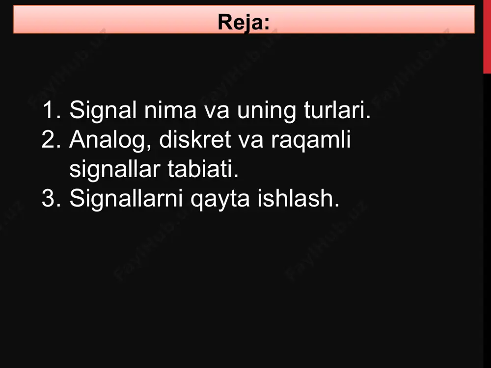 nik, issiqlik, yorugʻlik (mas, sfetofor si), elektr, elektromagnit, tovush va boshqa turlari boʻladi. signal kibernetika fanida koʻra, aniq bir hodisa toʻgʻrisidagi axborotni eltuvchi jarayon. u 4 tarkibiy qism birligidan iborat: s.ning fizik vositasi (eltuvchisi), s.ni ifodalash shakli (sintaksis); interpretatsiya mazmuni (semantika); ayni bir s.ga har xil maʼno berish qoidalari (pragmatika). asosiy tushuncha va ta’riflar axborotni uzatish sifati qanchalik yuqori bo'lsa, qabul qiluvchi tomonda ma'lumotlarning buzilishi kamroq bo'ladi. axborot uzatish tezligining oshishi bilan axborot yo'qotilishining oldini olish va axborot uzatish sifatini pasaytirish uchun maxsus choralar ko'rish talab etiladi. xabarlar bilan masofada yordami bilan jismoniy vosita, qog'oz yoki magnit lenta yoki jismoniy jarayon, masalan, tovush yoki elektromagnit to'lqinlar, oqim va boshqalar. axborotni uzatish va saqlash uni qandaydir shaklda taqdim etish imkonini beruvchi turli belgilar (ramzlar) yordamida amalga oshiriladi. asosiy tushuncha va ta’riflar uzluksiz signallar uzluksiz vaqt davomiyligida ro’y berib analog signallar deb ataladi. ular mumkin bo'lgan qiymatlarning uzluksiz to'plamidan (sinusoidal) istalgan qiymatlarni …