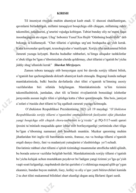 larining malakasini oshirish bo’yicha mobil guruhlar tashkil etilishi, mobil guruhlar tomonidan «kaskad» tamoyili asosida hududlarda tajribali xorijiy tillar o’qituvchilari orasidan xorijiy tillarni o’qitish va ommalashtirish bo’yicha trenerlar (coach)ni tayyorlab, ularning hududdagi chet tillari o’qituvchilarining malakasini oshirish bo’yicha faoliyat yuritish tizimi, ayniqsa, bizda qiziqish uyg’otdi. binobarin, bugungi kunda chet tillarni o’qitishga davlat tomonidan qo’yilayotgan talab o’sib kelayotgan avlodni biror bir chet mamlakat tilida erkin so’zlashishga o’rgatish, buning negizida kelgusi kadrlarning jahon sivilizasiyasi yutuqlari hamda dunyo axborot resurslaridan keng ko’lamda foydalanishlari, xalqaro hamkorlik va muloqotni rivojlantirishlari uchun shart-sharoit va imkoniyatlarni yaratib berishdan iboratdir. shunga e’tibor berish kerakki, oliy ta’lim professor-o‘qituvchisining topshirgan vazifasi bilan kifoyalanish talabaning har tomonlama yetuk bo‘lishni to‘liq kafolatlay olmaydi. xulosa, talabaning mustaqil ta’lim olishiga zarurat tug‘iladi. mustaqil ta’limdan ko‘zlangan asosiy maqsad yuqori malakali, raqobatbardosh, mamlakatda o‘tkazilayotgan demokratik va huquqiy islohotlarning yuqori talablariga, zamonaviy xalqaro standartlarga javob bera oladigan zamonaviy kadrlarni tayyorlash hamda talabalarda mustaqil ta’lim olish, ta’lim sifatini boshqargan …