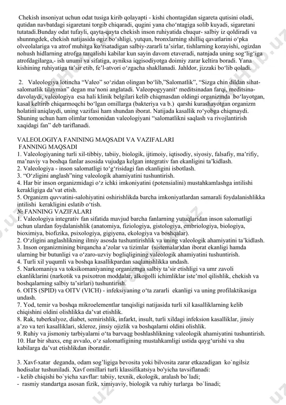 uchun, аvvalambor, shaxsan o`zimiz ma`naviy, ruhiy аspektlar tushunchalarini chuqur anglagan holda,ularning ahamiyatini va har birimizning hayotimizda tutgan o`rnini his qilishimiz. manaviy aspekt ма`naviyat bu har birimizning ichki dunyoyimiz. таrbiya, bilim, saviya, dunyoqarash, umumiymadaniyat, tolerantlik, o`z fikrini to`g`ri ifoda eta olish, mantiqan fikrlay olish, oila а`zolarining harbirini roli, insonning jamiyatda, davlatda tutgano`rni – bularning bari manaviyatni ta`riflovchisifatlardir. inson bir umr jamiyatda, ijtimoiy muhitdayashaydi, shuning uchun har birimizning ma`naviy shakllanib borishimiz oilamizga, jamiyatga va davlatimiz obro`siga, ravnaqigaetishi mumkin. ма`naviyat masalasini to`g`ri tushunish va to`g-ri baholash har fuqaro vaumuman aholi uchun sttning asjsi hisoblanadi. ruhiy aspekt aql va fikrlash jarayonlarini-mantiq fanio’rganadi, inson irodasi-etika faniga taaluqli, his tuyg’ular –estetika fani o’rganadi, buzanjirdagi so’nggi ikkita halqani psixologiyafaniga ham kiritish mumkin. aynanpsixologiya sttsh da ikkinchi muhim aspektbo’lib hisoblanadi. shu bilan birga psixologiyainson tafakkurining tashqi dunyoga bo’lganta’sirini ham o’rganadi. ruhiy aspekt sttsh da alohida etiborga ega va ma’naviyat bilanuzviy bog’liqdir 3.salomatlik haqida so’z borar ekan, uning eng …