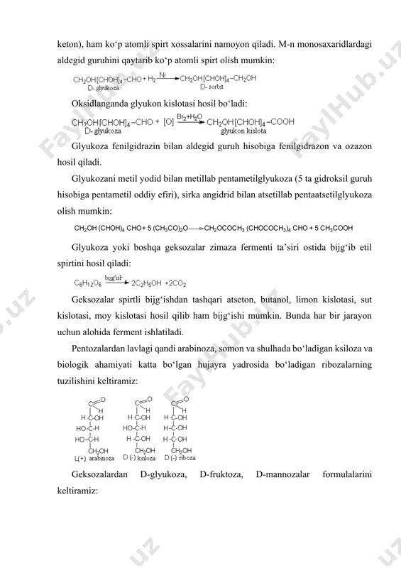 a va inulinni misol qilib keltirish mumkin. kraxmal-muhim ozuqa mahsuloti bo‘lib,u -d-glyukoza qoldiqlaridan tashkil topgan yuqori molekulyar birikmadir. uning formulasini quyidagicha ko‘rsatish mumkin: shuning uchun kraxmal gidrolizlansa -d glyukoza hosil bo‘ladi. sellyuloza esa yog‘ochning tarkibiy qismi bo‘lib,.u -d-glyukoza qoldiqlaridan tashkil topgan yuqori molekulyar birikmadir. demak, uning elementar zvenosida -d-glyukoza qoldig‘i mavjud: sellyulozaning molekulyar massasi 20000000 dan yuqori, uning makromolekulasi chiziqli tuzilishga ega. kraxmalning molekulyar massasi sellyulozanikidan kichikroq va tuzilishi tarmoqlangan bo‘ladi. kraxmal unda 74%, guruchda 78%, kartoshkada 16% bo‘ladi. kraxmaldan ham, sellyulozadan ham gidroliz qilib glyukoza, glyukozadan esa bijg‘itish bilan etanol olinadi: c6h12o6 2c2h5oh+2co2 inulin deb ataluvchi polisaxaridning elementar zvenosida d-fruktoza qoldig‘i mavjud. u topinambur o‘simligi ildizida ko‘p bo‘ladi. sellyulozadan gidroksil guruhiga kimyoviy reaksiyalar olib borib karboksimetiltsellyuloza, atsetiltsellyuloza, nitrotsellyuloza kabi muhim moddalar olinadi. m-n: adabiyot: 1.o.ya neyland organicheskaya ximiya. m.: «viysshaya shkola». 1990. s.504-522. 2.a.n. nesmeyanov, n.a. nesmeyanov nachala organicheskoy ximii. m.: kniga -1. 1969. s. 439-484. image6.png image7.png image8.png …