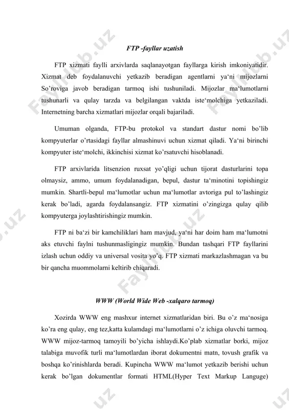 ti dokumentlar aloqasi strukturasini ifoda etadi. dokumentni tashqi ko’rinishi ekranda anik ifodalanadi. html formatidagi fayllar nomi odatda html bilan yakunlanadi, agarda server ms-dos yoki windows da ishlayotgan bo’lsa. mijoz va www tarmoq o’rtasidagi protokol http (hyper text transfer protocol) deyiladi. informatsion resurs uchun jo’natmalar url(resursga universal ko’rsatkich) deyiladi. telnet xizmati telnet xizmati o’zib kuyilgan(udalyonny) kompyuterlarga terminalogik tarzda kirish imkoniyatini beradigan dastur. u saqlanib kuyilgan informatsion serverlarga kirish vositasidir. telnet internetning xizmatlarining bir qismi bo’lib, foydalanuvchi sho’nga ulanganda tugridan -tugri ma‘lumotlarni resurslarni ta‘minlovchi maxsus dasturga kiritiladi. adabiyotlar ro’yxati: 1. каримов и.а. ўзбекистон келажаги буюк давлат. “ўзбекистон”, 1992 2. каримов и.а. ислоҳотларни амалга оширишда қатъиятли бўлайлик. “ўзбекистон”, 1996 3. «иқтисодий информатика» с.с.ғуломов ва бошқалар с.с.ғуломовнинг умумий тахрири остида.-т.: «шарқ», 1999.- 546 б 4. “ахборот тизимлари ва технологиялари”: олий ўқув юртлари талабалари учун дарслик//муаллифлар жамоаси: с.с.ғуломов, р.х.алимов, х.с.лутфуллаев ва бошк./; с.с.ғуломовнинг умумий тахрири остида.-т.: «шарқ», 2000.- 592 б. 5. аюпов р.х., исмоилов с.и., …