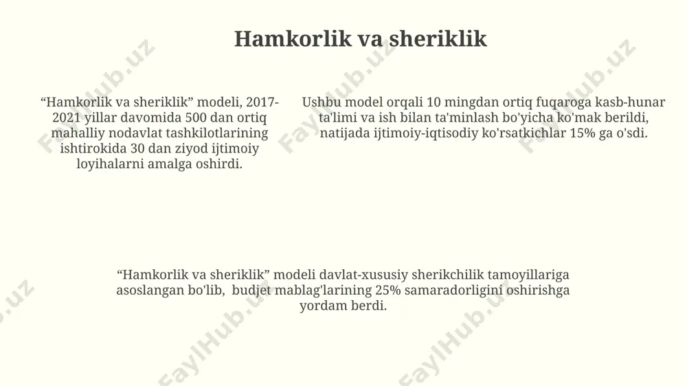 rdam beradi. qo'llab-quvvatlovchi texnologiyalarni qo'llash orqali amalga oshiriladigan sog'liqni saqlash sohasidagi innovatsion ijtimoiy loyihalar, surunkali kasalliklar bilan og'rigan bemorlar sonini 10% ga kamaytiradi va tibbiy xarajatlarni 15% ga optimallashtiradi. ijtimoiy tadbirkorlik ijtimoiy tadbirkorlik korxonalarining 60% o'z faoliyatlarida innovatsion texnologiyalarni, masalan, sun'iy intellekt yoki katta ma'lumotlarni qo'llaydi, bu esa samaradorlikni sezilarli darajada oshiradi. kamida 5 yillik faoliyat tajribasiga ega bo'lgan 200 dan ortiq ijtimoiy tadbirkorlarning so'rovlari shuni ko'rsatdiki, ularning 85% atrof-muhit muhofazasi va ta'lim kabi ijtimoiy masalalarni hal qilishga qaratilgan. kamida 5 yillik faoliyat tajribasiga ega bo'lgan 200 dan ortiq ijtimoiy tadbirkorlarning so'rovlari shuni ko'rsatdiki, ularning 85% atrof-muhit muhofazasi va ta'lim kabi ijtimoiy masalalarni hal qilishga qaratilgan. sog‘liqni saqlash va ijtimoiy farovonlik sog‘liqni saqlash tizimida 2021-yildan beri 15% ga yaqin elektronlashtirish darajasi kuzatilmoqda, bu esa fuqarolarga tezkor va sifatli xizmat ko‘rsatishni ta’minlamoqda. ijtimoiy himoya tizimi doirasida kam ta’minlangan 500 mingdan ortiq oilaga naqd pul yordami va boshqa turdagi ijtimoiy yordamlar ko‘rsatilmoqda. …