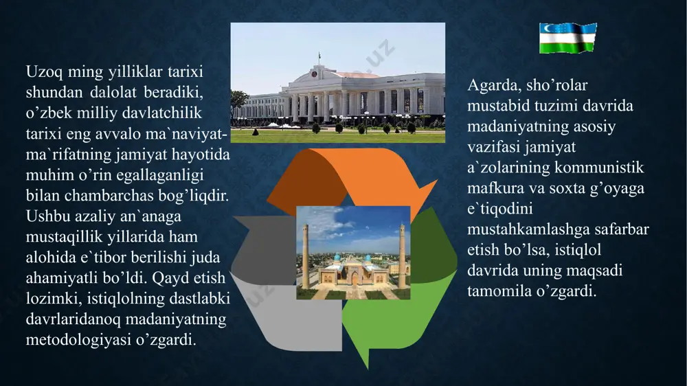dostonining 1000 yilligi, 2000-yil – burhoniddin marg‘inoniy tavalludining 910 yilligi, 2000-yil - kamoliddin behzod tavalludining 545 yilligi, 2001-yil –“аvesto” yaratilganligining 2700 yilligi nishonlandi. yunesko tomonidan 1996-yil “аmir temur yili” deb eʼlon qilindi. shu yili yuneskoning parijdagi qarorgohida “temuriylar davri, fan, madaniyat va maorifning gullab-yashnashi” mavzusida anjuman o‘tkazildi va unga bag‘ishlangan ko‘rgazma ochildi. mamlakatimiz hududida mavjud bo’lgan to’rt mingdan ziyod moddiy- ma’naviy obida umumjahon merosining noyob namunasi sifatida yunesko ro’yhatiga kiritilgan. ajdodlarimiz tafakkuri va dahosi bilan yaratilgan eng qadimgi toshyozuv va bitiklar, xalq og’zaki ijodidan tortib, bugungi kunda kutubxonalarimiz xazinasida saqlanayotgan mimg- minglab qo’lyozmalargacha bizning buyuk ma’naviy boyligimizdir. bunchalik katta me’rosga ega bo’lgan xalq dunyoda kamdan-kam topiladi. e`tiboringiz uchun rahmat ! image2.png image3.jpg image4.png image5.png image6.png image7.png image8.png image9.jpg image10.jpg image11.jpg image12.jpg image13.jpg image14.jpg image15.jpg image16.jpg image17.jpg image18.png image19.png image20.jpg image21.jpg image30.png image31.png image32.png image22.png image23.png image24.png image25.png image26.png image27.png image28.png image29.png image33.jpg image34.jpg image35.jpg image36.jpg image37.jpg image38.jpg image39.png