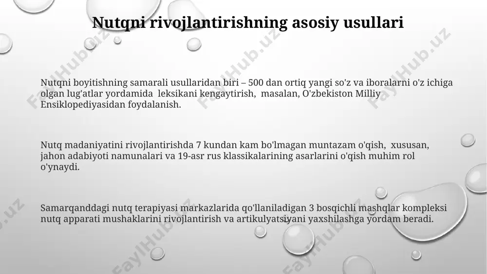 utq madaniyatini o'rgatishda interfaol usullar, masalan, 20 dan ortiq ishtirokchi bilan o'tkaziladigan rollar o'yini va munozaralar, samarqand davlat universitetida samarali deb hisoblanadi. nutq madaniyatini rivojlantirishda 5 yoshdan 15 yoshgacha bo'lgan bolalar uchun maxsus o'quv dasturlari, masalan, samarqanddagi 10-maktabda qo'llaniladigan usullar muhim rol o'ynaydi. nutqdagi xatolarni tuzatish leksik xatolarni, ya'ni 15 ta soʻzning notoʻgʻri qoʻllanilishini, lugʻat va grammatika qoʻllanmalaridan foydalanib, toshkentdagi til kurslarida tuzatish mumkin. nutqdagi fonetik xatolarni, masalan, 20 ta tovushning notoʻgʻri talaffuzini, samarqanddagi nutq terapevti bilan tuzatish orqali aniq va ravshan nutqqa erishish mumkin. sintaktik xatolar, jumladan 5 ta murakkab jumlaning notoʻgʻri tuzilishi, grammatik qoidalarni oʻrganish va andijondagi tajribali oʻqituvchilar bilan mashq qilish orqali bartaraf etiladi. nafas olish mashqlari ўпка ҳажмини ошириш учун, кунига камида 20 марта, ҳар бир нафас олиш 7 секундга чўзилиши керак бўлган машқларни, самарқанддаги респиратор терапевтлар тавсия қилади. нафас олиш машқларининг самарадорлигини ошириш учун, бухоро шаҳридаги мутахассислар томонидан 3 хил турдаги нафас олиш техникасини бирга …