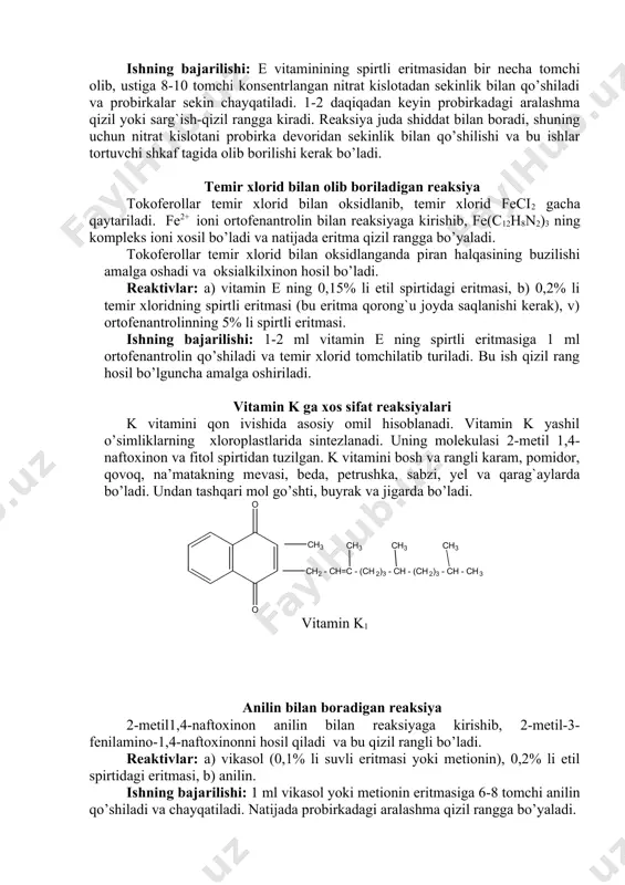 olib, ustiga 8-10 tomchi konsentrlangan nitrat kislotadan sekinlik bilan qo’shiladi va probirkalar sekin chayqatiladi. 1-2 daqiqadan keyin probirkadagi aralashma qizil yoki sarg`ish-qizil rangga kiradi. reaksiya juda shiddat bilan boradi, shuning uchun nitrat kislotani probirka devoridan sekinlik bilan qo’shilishi va bu ishlar tortuvchi shkaf tagida olib borilishi kerak bo’ladi. temir xlorid bilan olib boriladigan reaksiya tokoferollar temir xlorid bilan oksidlanib, temir xlorid feci2 gacha qaytariladi. fe2+ ioni ortofenantrolin bilan reaksiyaga kirishib, fe(c12h8n2)3 ning kompleks ioni xosil bo’ladi va natijada eritma qizil rangga bo’yaladi. tokoferollar temir xlorid bilan oksidlanganda piran halqasining buzilishi amalga oshadi va oksialkilxinon hosil bo’ladi. reaktivlar: a) vitamin e ning 0,15% li etil spirtidagi eritmasi, b) 0,2% li temir xloridning spirtli eritmasi (bu eritma qorong`u joyda saqlanishi kerak), v) ortofenantrolinning 5% li spirtli eritmasi. ishning bajarilishi: 1-2 ml vitamin e ning spirtli eritmasiga 1 ml ortofenantrolin qo’shiladi va temir xlorid tomchilatib turiladi. bu ish qizil rang hosil bo’lguncha amalga …