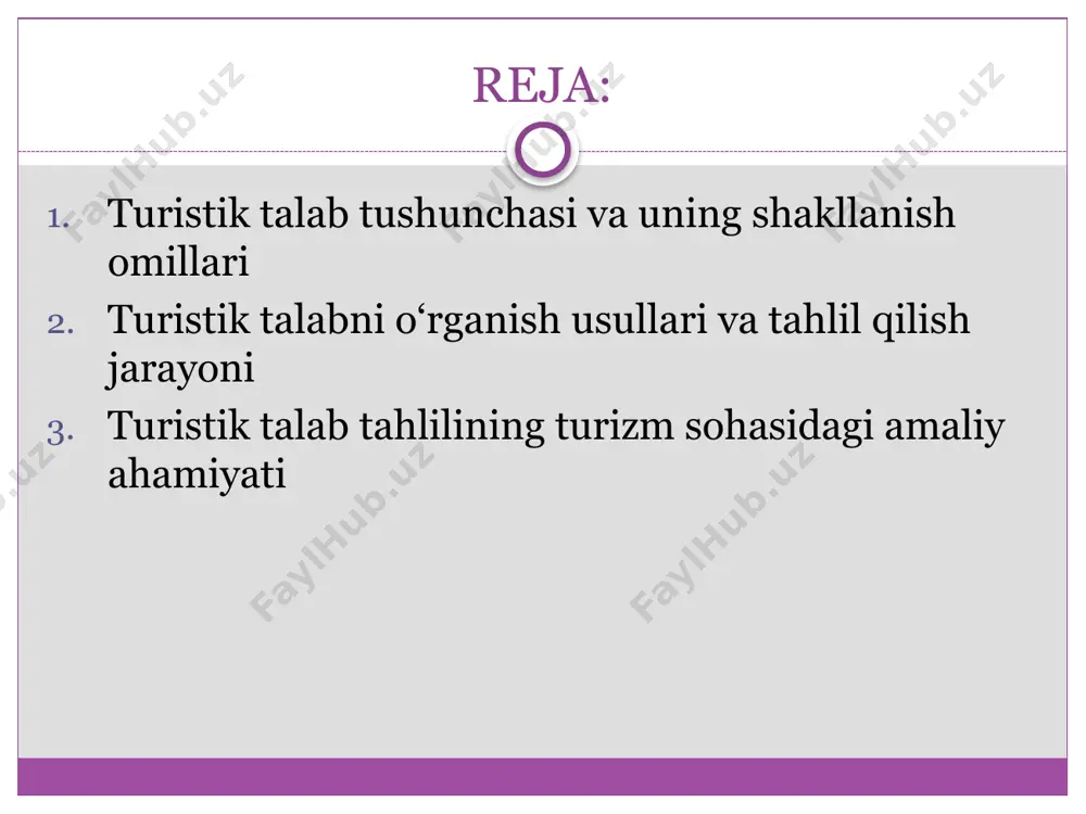 t qiladi. turistik talabni o‘rganish usullari va tahlil qilish jarayoni turistik talabni o‘rganish usullari va uni tahlil qilish jarayoni turizm sohasida samarali boshqaruv qarorlarini qabul qilish, bozor konyunkturasini to‘g‘ri aniqlash va istiqbollarni belgilash uchun muhim ahamiyatga ega. talabni tahlil qilish orqali turistlarning ehtiyojlari, qiziqishlari, imkoniyatlari hamda ularning sayohat qilishdagi xatti-harakatlari chuqur o‘rganiladi. bu jarayon turizm tashkilotlari, turoperatorlar, mehmonxona biznesi va davlat siyosati uchun muhim ko‘rsatkichlarni taqdim etadi. turistik talabni o‘rganishda statistik usullar keng qo‘llaniladi. ular turistlarning soni, safar yo‘nalishlari, mavsumiylik, turar joy bandligi, transport xizmatlari, tur paketlari xaridi kabi ko‘rsatkichlarni yig‘ish va tahlil qilishga asoslanadi. statistik tahlil orqali talabning o‘sish yoki pasayish tendensiyalari, turistlarning kelib chiqish mamlakati va maqsadlari aniqlanadi. sotsiologik tadqiqotlardir. anketalar, intervyular, fokus-guruhlar yordamida turistlarning motivatsiyasi, ehtiyojlari, xohishlari va xizmatlarga qoniqish darajasi o‘rganiladi. masalan, turistlar nega aynan biror yo‘nalishni tanlashlari, qaysi turdagi xizmatlarga ustunlik berishlari yoki qanday muammolarga duch kelishlari haqida to‘liq ma’lumot to‘planadi. shuningdek, iqtisodiy tahlil usullari …