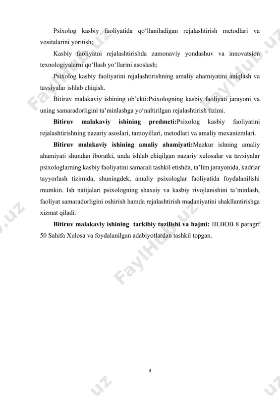 aoliyatini rejalashtirishda tizimlilik, izchillik, ilmiylik, obyektivlik, refleksivlik kabi talablarni o‘z ichiga oladi. metodologik yondashuv psixologning kasbiy faoliyatini faqat amaliy jihatdan emas, balki nazariy, ilmiy va strategik asoslarda tashkil etishga imkon beradi. kasbiy faoliyatni rejalashtirishda asosiy psixologik tamoyillar quyidagilardan iborat: maqsadga yo‘naltirilganlik tamoyili – faoliyatni oldindan belgilangan maqsadlarga qarab tashkil qilish;[footnoteref:1] [1: sirojiddinova i.m., pulatova o.x. — kasbiy psixologiya, andijon mashinasozlik instituti, 2024] individuallik tamoyili – har bir psixologning shaxsiy qobiliyatlari, motivatsiyasi va ehtiyojlarini hisobga olish; motivatsion ta’minlanganlik tamoyili – kasbiy faoliyatni rejalashtirishda ichki va tashqi motivlarni uyg‘unlashtirish; moslashuvchanlik tamoyili – rejalashtirish jarayonida o‘zgaruvchan sharoitlarga tezkor moslasha olish; refleksiya tamoyili – faoliyat natijalarini tahlil qilish va kelajakdagi rejalarga tuzatishlar kiritish. metodologik tamoyillar esa quyidagilardan iborat:ilmiylik va obyektivlik – faoliyatni ilmiy asosda tashkil qilish va obyektiv ma’lumotlarga tayangan holda rejalashtirish; tizimlilik va izchillik – rejalashtirish bosqichlarini uzviy bog‘langan holda amalga oshirish; komplekslik – kasbiy faoliyatni rejalashtirishda nazariy, amaliy va tashkiliy jihatlarni uyg‘unlashtirish; …