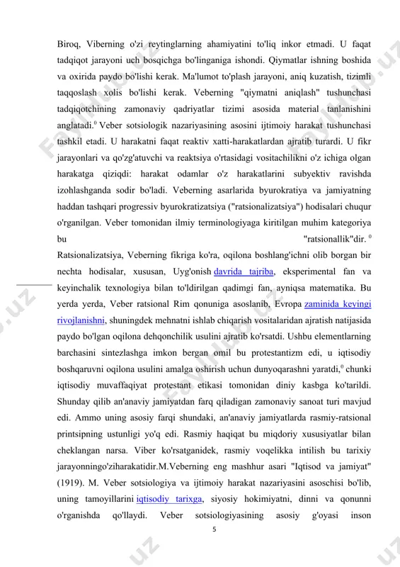 .0 veber sotsiologik nazariyasining asosini ijtimoiy harakat tushunchasi tashkil etadi. u harakatni faqat reaktiv xatti-harakatlardan ajratib turardi. u fikr jarayonlari va qo'zg'atuvchi va reaktsiya o'rtasidagi vositachilikni o'z ichiga olgan harakatga qiziqdi: harakat odamlar o'z harakatlarini subyektiv ravishda izohlashganda sodir bo'ladi. veberning asarlarida byurokratiya va jamiyatning haddan tashqari progressiv byurokratizatsiya ("ratsionalizatsiya") hodisalari chuqur o'rganilgan. veber tomonidan ilmiy terminologiyaga kiritilgan muhim kategoriya bu "ratsionallik"dir. 0 ratsionalizatsiya, veberning fikriga ko'ra, oqilona boshlang'ichni olib borgan bir nechta hodisalar, xususan, uyg'onish davrida tajriba, eksperimental fan va keyinchalik texnologiya bilan to'ldirilgan qadimgi fan, ayniqsa matematika. bu yerda yerda, veber ratsional rim qonuniga asoslanib, evropa zaminida keyingi rivojlanishni, shuningdek mehnatni ishlab chiqarish vositalaridan ajratish natijasida paydo bo'lgan oqilona dehqonchilik usulini ajratib ko'rsatdi. ushbu elementlarning barchasini sintezlashga imkon bergan omil bu protestantizm edi, u iqtisodiy boshqaruvni oqilona usulini amalga oshirish uchun dunyoqarashni yaratdi,0 chunki iqtisodiy muvaffaqiyat protestant etikasi tomonidan diniy kasbga ko'tarildi. shunday qilib an'anaviy jamiyatdan farq qiladigan …