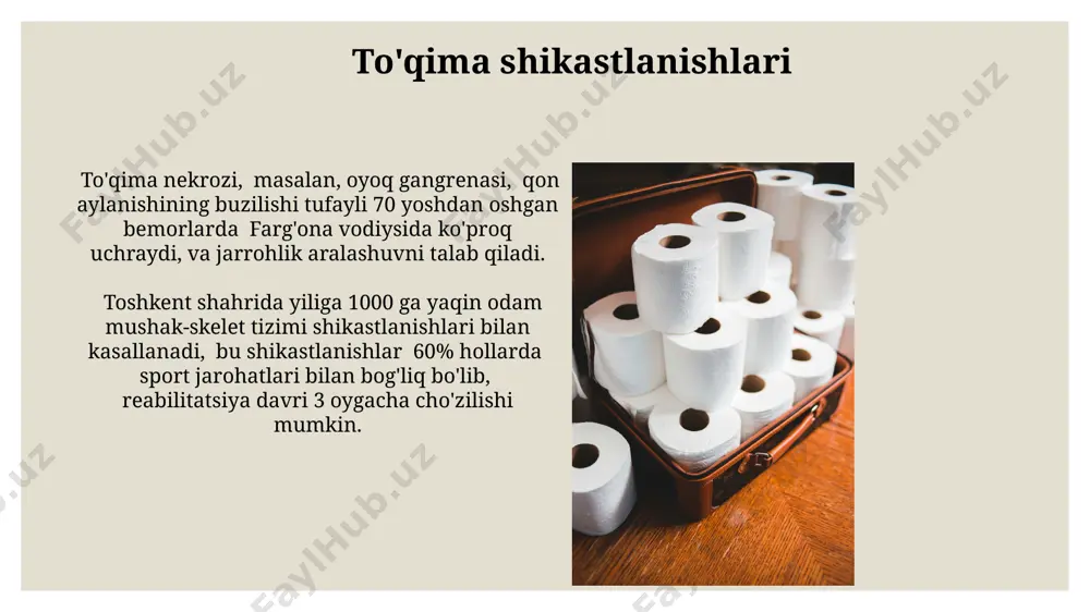 nerv sistemasining, xususan, orqa miya ichidagi nerv to'qimasining tuzilishi, 20 dan ortiq turdagi gliya hujayralari bilan ta'minlanadi va ularning funksiyasi neyronlarni himoya qilish va qo'llab-quvvatlashdan iborat. to'qimalarning funktsiyalari yurak mushak to'qimasi yurak urishi kabi 70 marta daqiqada takrorlanadigan ritmik qisqarishni ta'minlaydi, bu esa qonni butun tanaga, shu jumladan miya va o'pkaga, 6 litrgacha tezlikda pompalashni o'z ichiga oladi. to'qimalarning tuzilishi va funktsiyalari o'rtasida chambarchas bog'liqlik mavjud bo'lib, masalan, suyak to'qimasining 206 ta suyakdan tashkil topgan inson skeleti strukturasini hosil qilishdagi roli 40% gacha kalsiyni saqlashni o'z ichiga oladi. to'qimalarning rivojlanishi to'qimalarning rivojlanishi embrional davrda, taxminan 3-8 hafta ichida, uchta asosiy qatlam – ektoderma, mezoderma va endodermadan boshlanadi va hujayralar differensiatsiyasi orqali murakkab tuzilmalarni, masalan, suyak to'qimasini hosil qiladi. odamning yurak mushagi to'qimasi, 22-28 kunlik embrionda rivojlana boshlaydi va 4-haftaning oxiriga kelib, yurak urishi kuzatiladi. bu jarayon o'ta murakkab bo'lib, 100 dan ortiq genlarning ishtirokini talab qiladi. biriktiruvchi to'qimaning turlari yog' …
