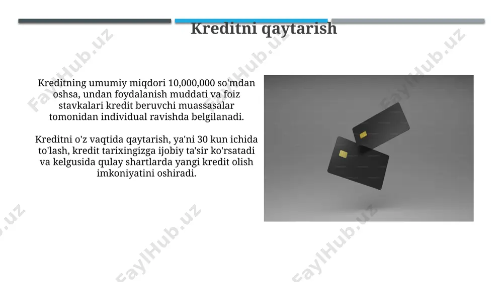 labi yuqori xavf bilan bog'liq. kreditni sug'urtalash ushbu sug'urta turi, o'rtacha 100000 so'mdan 500000 so'mgacha bo'lgan kreditlar uchun, kredit oluvchining to'lovlarini kechiktirganda yoki to'lamay qolganda sug'urta kompaniyasi tomonidan to'lanadigan kompensatsiya miqdorini belgilaydi. kreditni sug'urtalash bo'yicha shartnomalar, muddati 12 oy yoki undan ko'p bo'lgan kreditlar uchun, banklar tomonidan mijozga 2% dan 5% gacha bo'lgan qo'shimcha to'lovlarni qo'shish orqali amalga oshiriladi. e'tiboringiz uchun rahmat @taqdimot_robot image1.jpg image2.jpg image3.jpg image4.jpg image5.jpg image6.jpg image7.jpg image8.jpg image9.jpg image10.jpg image11.jpg image12.jpg image13.jpg image14.jpg image15.jpg image16.jpg image17.jpg