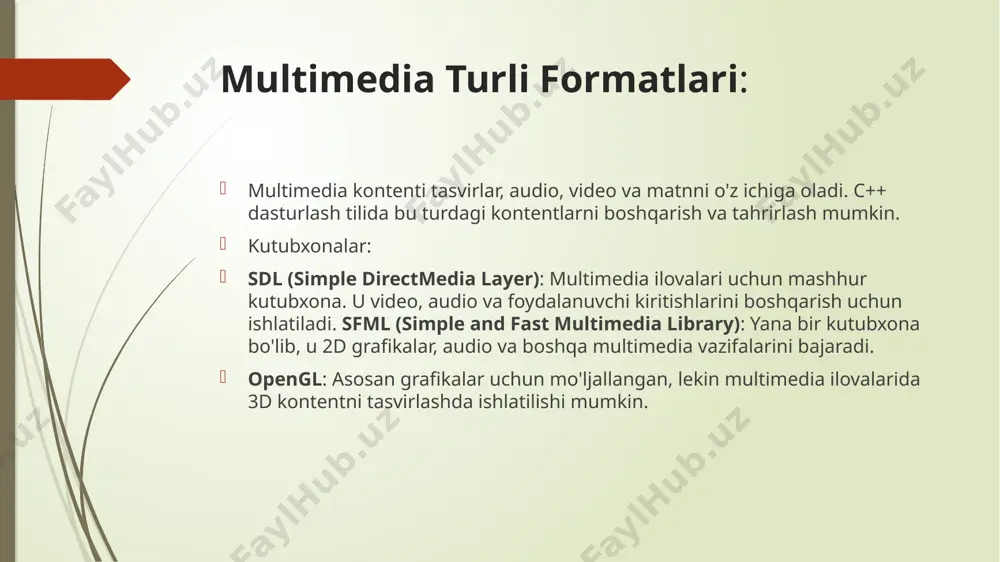rmalarda ishlaydi, shuning uchun ishlab chiqilgan ilovalar turli operatsion tizimlarda ishlashga tayyor bo'ladi. oson o'rnatish: sdl kutubxonasi o'rnatish va konfiguratsiya qilish oson bo'lib, ko'plab ishlab chiquvchilar uchun qulay. kengaytirilgan: sdl kutubxonasi o'yinlar va multimedia dasturlarini yaratish uchun zarur bo'lgan barcha vositalarni taqdim etadi. kodning tavsifi: sdl_init(sdl_init_video): sdl kutubxonasini video uchun ishga tushiradi. sdl_createwindow: ekranda oynani yaratadi. sdl_creater sdl_setrenderdrawcolor: ekrandagi rangni o'rnatadi (bu yerda oq rang). enderer: renderer (tasvirlarni chizish vositasi) yaratadi. sdl_renderclear: ekranni tozalash (fonni oq rang bilan to'ldirish). sdl_renderpresent: o'zgartirishlarni ekranda ko'rsatish. sdl_delay: 3 soniya kutish (oynani ko'rish uchun). sdl_destroyrenderer va sdl_destroywindow: resurslarni tozalash. sdl-ning yana bir nechta funksiyalari: grafikalar: 2d tasvirlarni ko'rsatish va harakatlantirish. audio: ovozlarni ijro etish, ovoz balandligini o'zgartirish. input: klaviatura va sichqoncha kiritishlarini olish. tarmoq: sdl yordamida tarmoq bilan ishlash mumkin (bu xususiyat boshqa kutubxonalarga bog'liq). fontlar: matnlarni ekranda chizish uchun tizim fontlari yoki shaxsiy fontlar yordamida. sdl-ning afzalliklari: kengaytirilgan platformalararo qo'llab-quvvatlash: sdl windows, linux, …