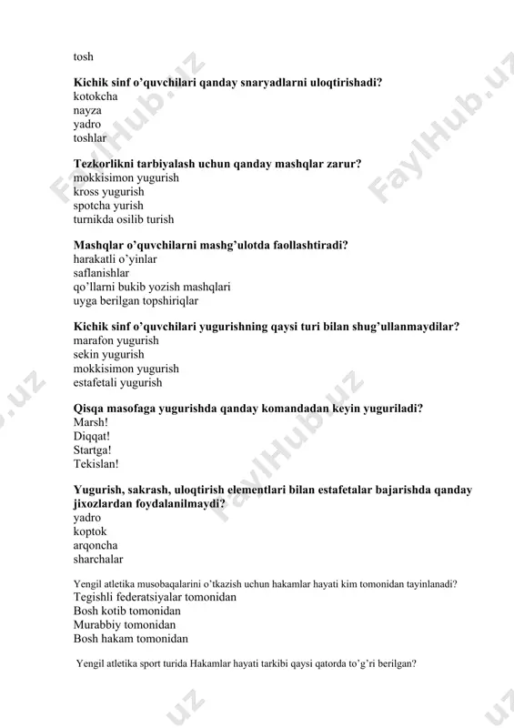 n? yugurib kelib uzunlikka sakrash turgan joyidan balandlikka sakrash turgan joydan sakrash yugurib kelib balandlikka sakrash o’rta va uzoq masofalarga yugurishlar qaysi sifatni rivojlantiradi? chidamlilik kuch epchillik egiluvchanlik g’ovlar osha yugurish qaysi sifatni rivojlantiradi? epchillik, egiluvchanlik chidamlilik kuchni sakrovchanlikni mashqlarni takrorlash metodi bu...? mashqlarni ko’p bora takrorlash sportchining tayyorgarligini tekshirish yuklamani almashlab mashq bajarish mashqlar guru?li metodda bajarish yugurish yo’lakchasini ajratib turuvchi oq chiziqning eni qancha? 5 sm 7 sm 10 sm 1 sm standart stadionda 400 metr masofani bosib o’tish uchun sportchi stadionni necha marta aylanishi kerak? 1 2 4 3 4x100 metrlik estafeta yugurishda jamoa tarkibida nechta spotchi bo’ladi? 4 5 6 2 maktabda yengil atletikaning nechta turi o’rgatiladi? 3 4 2 5 marrada turganda hakamning qo’lida nima bo’ladi? sekundomer soat bayroqcha yech narsa bo’lmaydi «pentatlon» nimani bildiradi? besh kurashni yugurishni uch kurashni yurishni stadionda yugurish yo’lagini ajratib turuvchi chiziq qanday rangda bo’yaladi? oq qizil qora mavoy «balbis» …