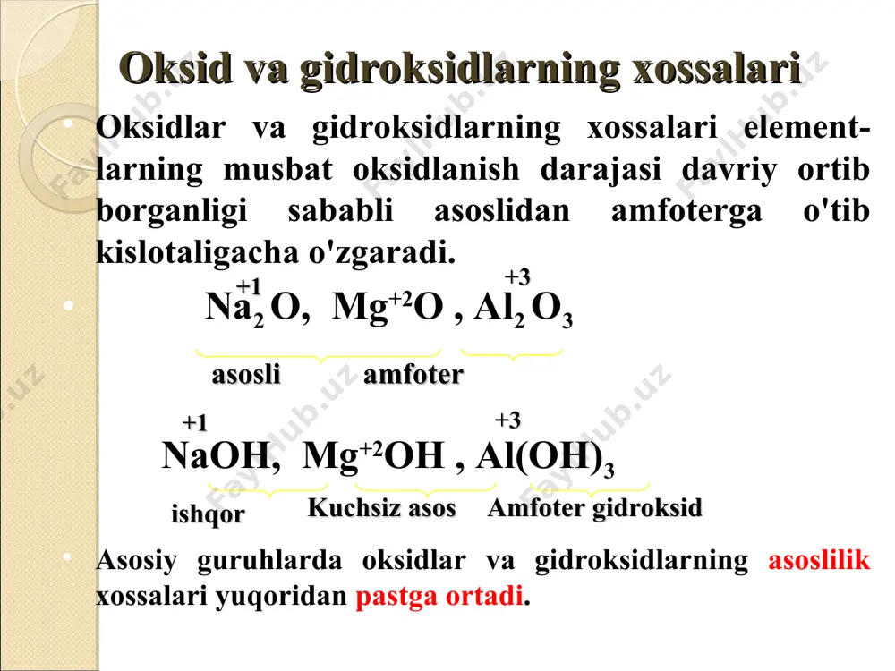 g rangda. mis tuzlari – yashil – havorang rangli. suvda eruvchanligi bo‘yicha tuzlar (eruvchanlik jadvaliga qarang): erimaydigan caco3 bo‘r, marmar, oxaktosh kam eriydigan caso4 suvsiz gips tuz turlari normal (o‘rta) - bular tegishli kislotaning barcha vodorod atomlari metall atomlari bilan almasgan tuzlar. nacl, na2so4, na3po4 nordon – vodorod atomlari qisman almashgan tuzlar. nahso4, na2hpo4, nah2po4 asosli - bular mos keladigan asosning oh guruhlari qisman kislotali qoldiqlar bilan almashgan tuzlar. mgohcl, al(oh)2no3 aralash – tarkibida ikkita turli kation va bitta anion tutgan tuzlar. kal(so4)2, fe(nh4)2(so4)2 kompleks - tarkibida kompleks ion tutuvchi tuzlar. na2[zn(oh)4], k3[fe(cn)6] noorganik birikmalar o‘rtasidagi genetik bog‘lanish * tuz kislota metall kislotali oksid + + e’tiboringiz uchun raxmat! laboratory glassware