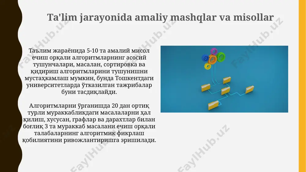 tmik masala yechishni topshirish, natijalarni umumlashtirish va muhokama qilish farg'ona viloyatidagi maktablarda qo'llaniladi. algoritmlarni vizualizatsiya qilishda, masalan, blokli diagrammalar yordamida, 3-4 kishilik guruhlarda samarqanddagi oliygohlardan birida o'tkazilgan tadqiqotlar muvaffaqiyatli natijalar berdi. vizualizatsiya va animatsiya vositalaridan foydalanish vizualizatsiya va animatsiya vositalari, masalan, 2d/3d modellashtirish dasturlari yordamida algoritmlarni 5-sinf o'quvchilari uchun tushunarli tarzda, masalan, toshkentdagi maktablarda qo'llanilishi mumkin. algoritmlarni animatsiya qilishda, 10 ta qadamdan iborat jarayonni ko'rsatish uchun adobe after effects yoki blender kabi dasturlarni kaliforniya universiteti talabalari tomonidan qo'llanilgan usullardan foydalanish samarali bo'ladi. e'tiboringiz uchun rahmat @taqdimot_robot image1.jpg image2.jpg image3.jpg image4.jpg image5.jpg image6.jpg image7.jpg image8.jpg image9.jpg image10.jpg