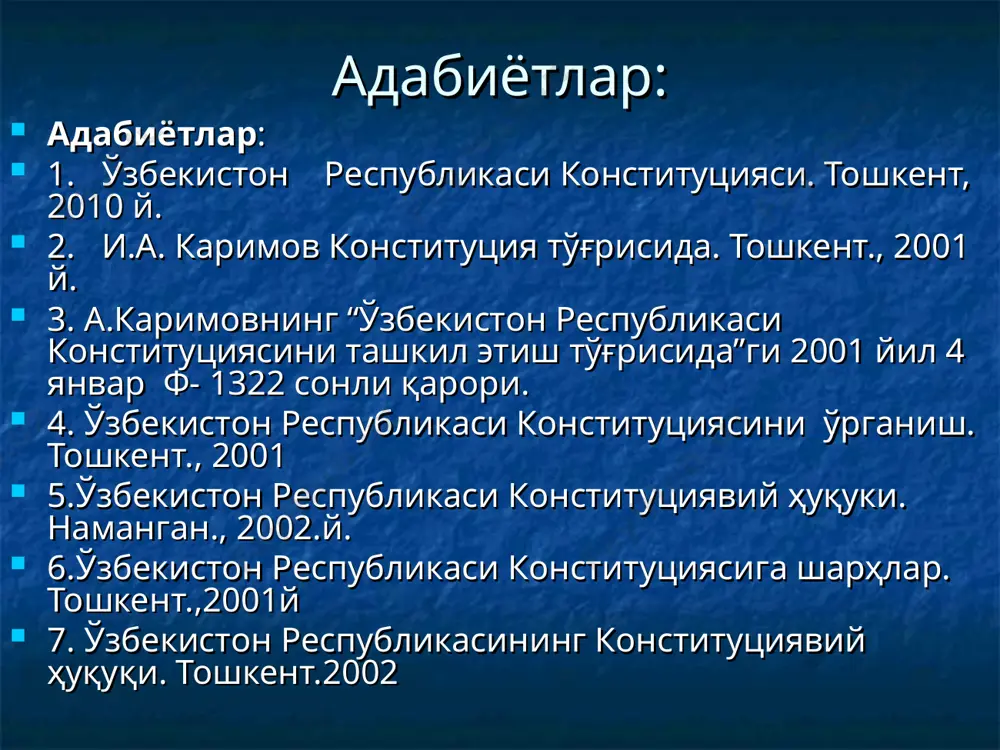 риш йўли билан сайланадилар. суд томонидан муомалага лаёқатсиз деб топилган фуқаролар суд ҳукми билан озодликдан маҳрум этиш жойларида сақланаётган шахслар сайланиши мумкин эмас ва сайловда қатнашмайдилар. бошқа ҳар қандай ҳолларда фуқароларнинг сайлов ҳуқуқларини тўғридан-тўғри ёки билвосита чеклашга йўл қўйилмайди. ўз.р-си фуқароси бир вақтнинг ўзида иккидан ортиқ давлат ҳокимияти вакиллик органининг депутати бўлиши мумкин эмас. сайлов ўтказиш тартиби қонун билан белгиланади. 122-модда. ўз.р-си ўз молия ва пул-кредит тизимига эга. ўз.нинг давлат бюджети р-ка бюджетидан, қорақалпоғистон р-си бюджетидан маҳаллий бюджетлардан иборат. 123-модда. ўз.р-си ҳудудида ягона солиқ тизими амал қилади. солиқлар жорий қилишга фақат ўзбекистон республикасининг олий мажлиси ҳақли. 124-модда. ўзбекистон республикасининг банк тизимини республика марказий банки бошқаради. 125-модда. ўз.р-си қуролли кучлари ўз.р-нинг давлат суверенитетини ва ҳудудий яхлитлигини, аҳолининг тинч ҳаёти хавфсизлигини ҳимоя қилиш учун тузилади. қуролли кучларнинг тузилиши ва уларни ташкил этиш қонун билан белгиланади. 126-модда. ўзбекистон республикаси ўз хавфсизлигини таъминлаш учун етарли даражада қуролли кучларига эга. 127-модда. ўз.р-нинг конституциясига ўзгартиришлар тегишинча …