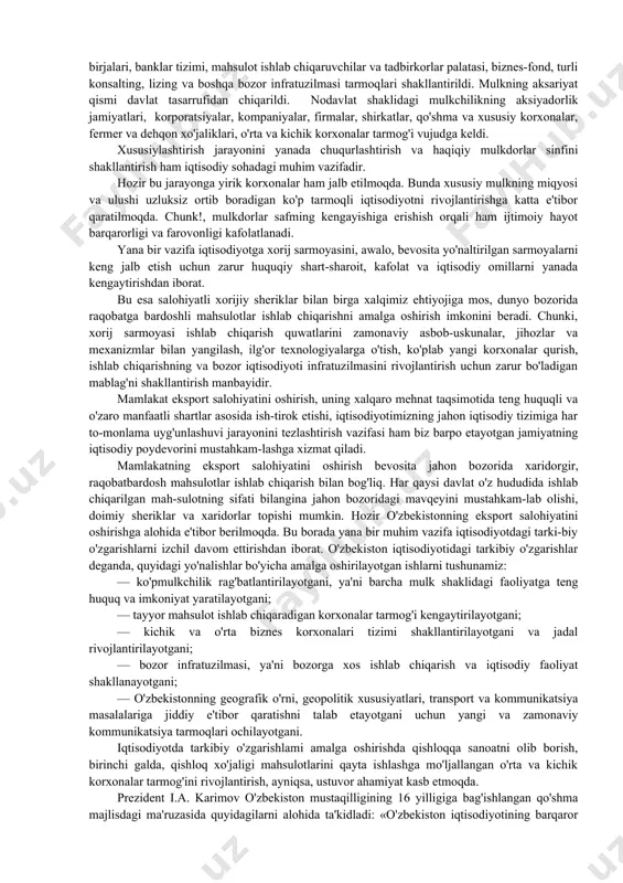 lab, o'z faoliyatini ana shu asosda yuritishi maqsadga muvofiqdir. shu o'rinda ta'kidlash lozimki, demokratiya awalambor ma'naviy mezonlar asosida boshqariladigan, kuchli huquqiy davlat, kuchli fiiqarolik jamiyati demakdir. aytish mumkinki, huquqiy davlat va fiiqarolik jamiyati demokratiyaning o'zaro uzviy bog'liq bo'lgan ikki jihati, ikki qanotidir. jamiyat hayotida qonuniylik mezonlari to'liq joriy etib borilishi davlatning faoliyatida o'z aksini topishi va doimo mustahkamlanib borilishini taqozo etadi. aynan shu maqsadlarga mos holda o'zbekistonda islohotlarni muhim yo'nalishlari etib hokimiyatni bo'linish tamoyilini amalga oshirishni ta'minlash, jamiyatning siyosiy tizimida parlamentni rivojlantirish, sud hokimiyatining rolini oshirish kabi masalalar belgilab olingan. bu yo'lda jamiyatimiz hayotining barcha sohalarida «kuchli davlatdan — kuchli fuqarolik jamiyati sari>> g'oyasi asosida ijobiy natijalarga erishib kelinmoqda. prezidentimiz shu uchta yo'nalishdagi islohotlar yuzasidan 2007-yil avgust oyida qilgan «o'zbekistonning 16 yillik mustaqil taraqqiyot yo'li» nomli ma'ruzasida quyidagi fikrni bildiradi: «mamlakatimizda davlat va jamiyat qurih'shining asosiy tamoyillari aniq ifodalab berildi, davlat hokimiyatining qonun chiqaruvchi, ijro etuvchi va sud tarmoqlariga bo'linishi …