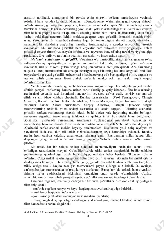 ik fojeaaviylik kulgulilik - umumestetik kategoriyalar ulug‘vorlik xunuklik disgarmoniya dahshatlilik mubolag‘a hazil forig‘lanish - estetik kategoriyalarning kо‘rinishlari qahramonlik ideal latofat garmoniya biroq, ta’kidlash lozimki, aksariyat adabiyotlarda estetika kategoriyalari asosan gо‘zallik – fojeaviylik – kulgulilikdan iborat uchlik sifatida taqdim etilgan. biroq, davrlar о‘tishi bilan bu an’anaga о‘zgartirishlar va qо‘shimchalar kiritildi. xususan, bu tizimga y.b.borev - ulug‘vorlikni, l.n.stolovich - hunuklikni, m.s.kagan - garmoniya va dramatiklikni, n.i.kiyashenko – qahramonlikni, о‘zbek olimlari t.mahmudov uyg‘unlikni, abdulla sher qiziqarlilikni kiritdi. gо‘zallik - estetikaning markaziy kategoriyasi sifatida. «gо‘zallik»ning tugal ilmiy ta’rifi haqida biror–bir qat’iy fikr mavjud emas. biroq, gо‘zallikning idrok etilishi, tabiatda namoyon bо‘lishi, san’atda aks etishi hamda uning jamiyat rivojiga ta’siri haqida bildirilgan fikrlar, ilgari surilgan g‘oyalar, yaratilgan ta’limotlar о‘zining salmog‘i bilan ahamiyatlidir. inson va uning ruhiy–jismoniy, axloqiy–estetik faoliyati, tabiat va undagi hodisalar, jamiyat va unda rо‘y berayotgan ijtimoiy–ma’naviy, siyosiy–iqtisodiy jarayonlar gо‘zallikka yondoshuvning tarixan tarkib topgan asosiy obyektlaridir. shuni alohida ta’kidlash zarurki, gо‘zallik haqidagi qarashlar va …