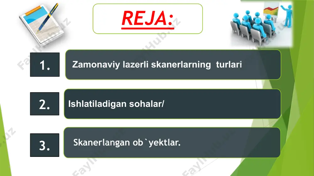 rizontal burchaklarni) yuqori aniqlikda tezlikda o`lchab (registratsiyalab) qayd qilib boradi, bu aslida elektron taxeometr bilan o`lchashga o`xshab ketadi. yerusti lazerli skaneri ob`yektning alohida nuqtalarini s`yomka qilishni emas, balkim barcha nuqtalarini s`yomka qilish asosida , ob`yektni uch o`lchamli tasvirini olishni tavsiflaydi. yerusti lazerli skaneri orqali olingan tasvir juda ham katta hajmdagi informatsiyaga ega bo`lib, ko`pchilik hollarda ortiqchalik ham qiladi. birinchi navbatda bu statistik jihatdan ortiqcha ma`lumotlar bo`lib, unda qo`shni elementlarning tasviri bir-birini takrorlashi mumkin. ikkinchidan skanerlash natijasida olingan tasvir, psixovizual ortiqlikka ega, ya`ni skanerlash natijasida olingan ma`lumotning bir qismini olib tashlash bilan tasvirning ko`rinishiga deyarli ta`sir etmaydi. skanerlashning yana boshqa ortiqlik tomoni (semantik) tabiatga ega bo`lib, tasvirlarga ishlov berishda real dunyoning tuzilishini hisobga olish zarur bo`ladi. statsionar lazerli 3d skanerlar osmono‘par binolarning fasadlarini, kengaytirilgan infratuzilma ob`yektlarni, kar`yerlarni yoki sochiluvchan materiallar omborlarini s`yomkaga olishni hal qilish uchun keng qo‘llaniladi, bu esa o‘lchangan ma’lumotlarning yuqori sifatini saqlab, 1000 metrgacha bo‘lgan masofalarda o‘lchovlarni amalga …