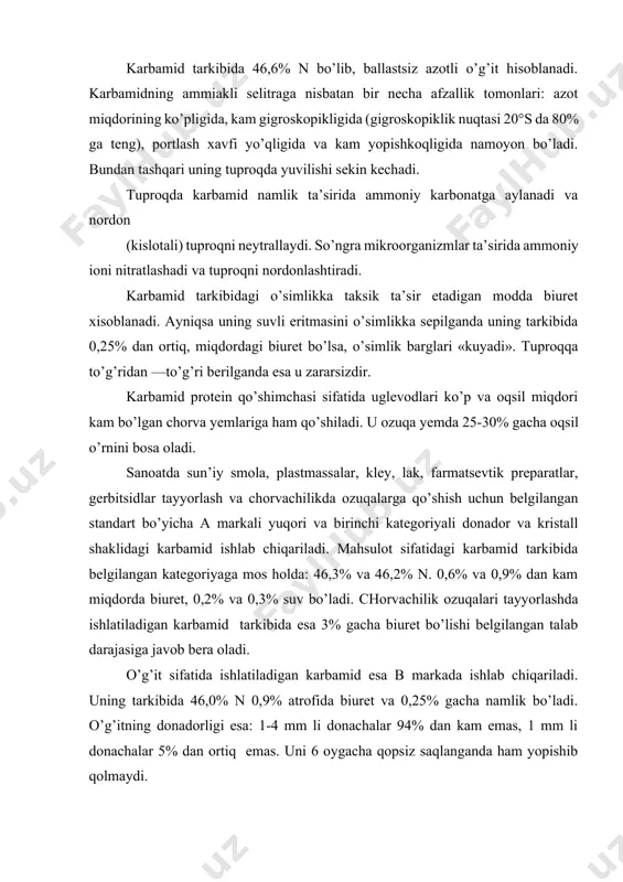 usullari. karbamid sintezi natijasida suv, karbamid, ammoniy karbamat va ammoniy karbonatlari suyuqlanmasi va ortikcha ammiak hosil bo’ladi. ammoniy karbamati va karbonatlarini termik parchalash hamda ammiak va karbonat angidridni ajratish uchun suyuqlanmani distillyatsiya qilinadi. olingan karbamidning suvli eritmasi qattiq mahsulotga aylantiriladi. ammiak va karbonat angidridning karbamidga o’tishi muofiq ravishda 50% va 70% dan oshmaydi. shuning uchun karbamid ishlab chiqarish faqatgina sintez sharoitlar (xarorat, bosim, nh3:co2 nisbati) bilangina farqanmay, balki suyuqlanma distillyatsiyasi gazlari bo’lmish ammiak va karbonat angidridni tutib qolish va ishlatish usullari bilan ham farqlanadi. yuqori quvvatli ammiakli selitra ishlab chiqarish bilan uyg’unlashgan kichik karbamid ishlab chiqarish korxonalarida distillyatsiya gazlari karbamid sintezi jarayoniga qaytarilmagan xolda ochiq sxemada ishlaydi. bunday xolda distillyatsiya jarayoni bir bosqichda o’tkaziladi va gazlar aralashmasidagi ammiakning barcha qismi nitrat kislotasi bilan absorbtsiyalanadi. xozirgi zamon yuqori quvvatli takomillashgan karbamid ishlab chiqarish korxonalari yopik, (tutashgan) sxemada ishlaydi va bunda barcha distillyatsiya mahsulotlari karbamid sinteziga qaytariladi. bunday sxemalarning takomillash agregatlar quvvatini …