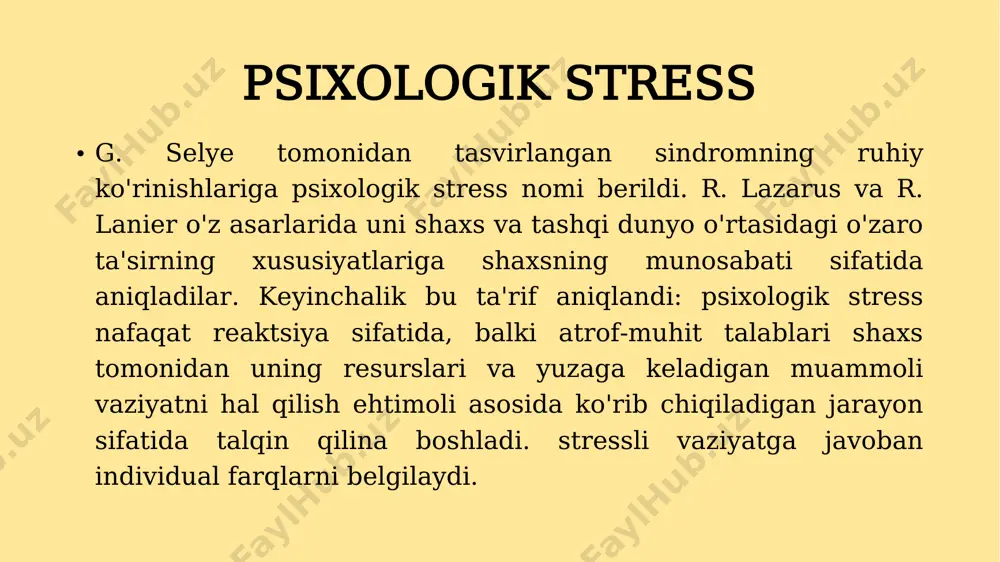 taxassislar (psixiatrlar, psixologlar, fiziologlar) tomonidan ta'kidlanadi.shunday qilib, a. m. ueyn yigirma yildan ko'proq vaqt oldin "zamonimizning asosiy surunkali hozirgi kasalliklari hissiy tanglik, o'tkir yoki surunkali hissiy stress fonida yuzaga keladi" deb yozgan. stressga individual qarshilik ko'rsatish bo'yicha monografiyalardan birida k. v. sudakov psixosomatik kasalliklar hissiy stress asosida shakllanganligini ta'kidladi: nevroz, yurak disfunktsiyasi, arterial gipertenziya, oshqozon-ichak traktining yarali lezyonlari, immunitet tanqisligi, endokrinopatiyalar va hatto o'sma kasalliklari. ba'zi g'arb ekspertlarining fikriga ko'ra, kasalliklarning 70% hissiy stress bilan bog'liq. evropada har yili bir milliondan ortiq odam yurak-qon tomir tizimidagi stress bilan bog'liq buzilishlar tufayli vafot etadi. bu buzilishlarning asosiy sabablari emotsional stress, oiladagi shaxslararo nizolar va keskin ishlab chiqarish munosabatlari va boshqalar bo'lib, bu omillar evolyutsiya jarayonida shakllangan gomeostazni saqlash mexanizmlari funktsiyasini buzadi. agar biror kishi ijtimoiy sharoitda uning mavqei unga umidsiz bo'lib tuyulsa ("kelajak yo'q" sindromi), unda tashvish reaktsiyasi, qo'rquv hissi, nevrozlar va boshqalar rivojlanishi mumkin. "psixologik" va "emotsional" stress tushunchalarining yaqinligiga …