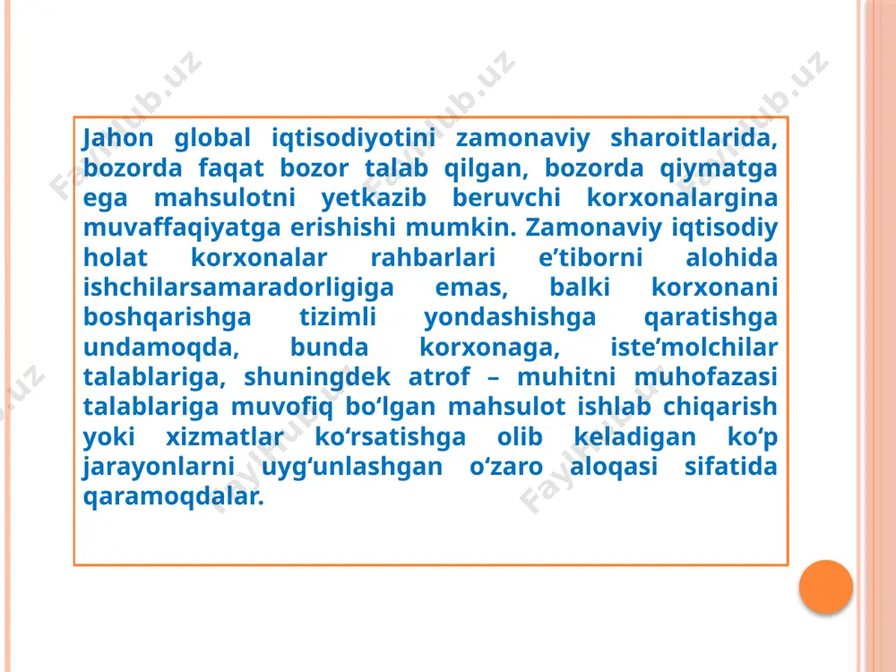 hsulot sifatini boshqarishda katta ahamiyatga ega bo‘lgan statistik nazoratda qo‘llanuvchi muqobil belgisi bo‘lib, faqatgina ikkita bir – birini inkor qiluvchi imkoniyatlari bo‘lishi mumkin. masalan, buyumlarda yaroqsizlikning borligi yoki yo‘qligi, detallarda himoya qatlami borligi yoki yo‘qligi va shunga o‘хshashlar. mahsulot sifatining ko‘rsatkichi mahsulot sifatiga kiruvchi bitta yoki bir necha xossasining miqdoriy tavsifi, uning yaratilish va ishlatilishi yoki iste’molidagi muayyan sharoitlarga qo‘llanilishini qurilishiga aytiladi. sifat ko‘rsatkichlari quyidagi asosiy talablarga javob berishlari lozim:  turg‘unligi;  rejali asosda ishlab chiqarish samaradorligini oshishiga yordam berishi;  fan va teхnika yutuqlarini inobatga olinishi;  muayyan vazifasiga ko‘ra ma’lum ehtiyojlarni qondirishga layoqatliligi. vazifaviy ko‘rsatkichlar mahsulot xossalarini tavsiflaydi, ularning asosiy vazifalarini belgilaydi, mahsulotni qo‘llash sohasini aniqlaydi. mashina va asbobsozlik, elektroteхnika va boshqa buyumlar uchun bu ko‘rsatkichlar buyum tarafidan bajariladigan foydali ishni tavsiflaydi. turli хil konveyerlar uchun vazifaviy ko‘rsatkichlar, unumdorlik, yuk uzatish masofasi va balandligi; o‘lchash asboblarida – aniqlik ko‘rsatkichlari, o‘lchash chegarasi va shunga o‘хshashlarni tashkil etadi. tarkib …