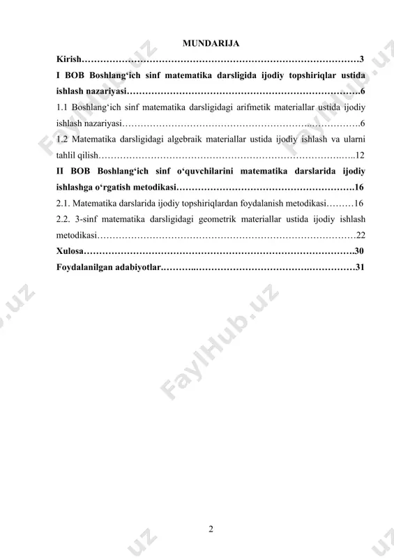 ilab berdi.“yangi tamoyillar asosida rivojlanayotgan ta’lim tizimi yosh avlodni barkamol,ma’naviy yetuk inson sifatida shakllantirishga qaratilgandir” deyiladi, kadrlar tayyorlash milliy dasturida. umumiy ta’lim, jumladan, boshlang‘ich ta’lim tizimida o‘quvchilarni o‘rta ta’lim bosqichiga tayyorlash bilan birga ularda o‘qish, mehnat qilish, tashabbus ko‘rsatish, mustaqil faoliyatni egallash kabi sifatlarni taraqqiy ettirish kabilar ham amalga oshirildi. boshlang‘ich sinflarda matematika darslari o‘quvchilarning tafakkur, diqqat, xotira, kuzatuvchanlik kabi qobiliyatlarini rivojlantishga imkon beradi. shuningdek o‘quvchilarning mantiqiy fikrlash malakasini oshirish, ularning o‘z fikrlarini aniq, to‘g‘ri va tushunarli bayon etishga o‘rgatishga yordam beradi.4-sinf matematika darsligi ustida ijodiy ishlash va uni tahlil qilish orqali bo‘lajak o‘qituvchi darslikda berilgan har bir materialning o‘rni, o‘quvchiga qanday bilim, ko‘nikma va malakalarni egallashiga yordam berishi va uni kundalik hayotda amaliy qo‘llay olish qobiliyatini rivojlantirish usullarini o‘rganib chiqadi. bu esa o‘qituvchining malakali kadr bo‘lib yetishishida ahamiyatlidir. matematika dаrsi bоlаlаrdа ilmiy dunyoqаrаsh аsоslаrining shаkllаnishigа, bilish qоbiliyatlаrining rivоjlаnishigа imkоn bеrаdi; o‘qish vа ijtimоiy fоydаli mеhnаtgа nisbаtаn vijdоniy munоsаbаtni, vаtаngа …