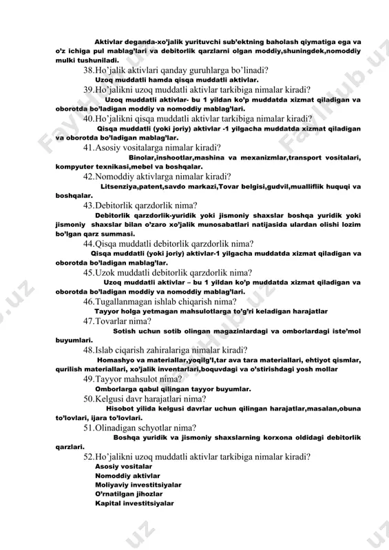 i tashkil toppish manbalari hisoblanadi. 29. ho’jalik faoliyati nima? ho’jalik faoliyati deganda korxona tomonidan foyda olish maqsadida olib borilayotgan hamda mazmunan alohida nomlardagi faoliyat turlarini tashkil qiluvchi ho’jalik jarayonlari va operatsiyalari (muomalalari) majmuasi tushuniladi. 30. ho’jalik opertsiyasi nima? ho’jalik operatsiyasi (muomalasi) deganda korxonada yuz bergan va berayotgan aniq harakatlar,ishlar tushuniladi. 31. ho’jalik yurutuvchi subektlarning faoliyat turlariga nimalar kiradi? asosiy faoliyat,asosiy bo’lmagan faoliyat, investitsiya faoliyati, moliyaviy faoliyat. 32. ho’jalikni asosiy faoliyati nima? asosiy faoliyat- bu korxonaning bosh maqsadini ifodalovchi hamda uning ustavida ko’rsatilgan faoliyat turi (yoki turlari). 33. ho’jalikni asosiy bo’lmagan faoliyat nima? asosiy bo’lmagan faoliyat-bu korxonaning bosh maqsadi bo’lib hisoblanmaydigan,shu bilan birga qo’shimcha foyda olish maqsadida hamda asosiy faoliyat uchun zarurat yuzasidan yuritiladigan faoliyat turi yoki turlari.ularga investitsiya faoliyati, moliyaviy faoliyat, innovatsiya faoliyati kabilar kiradi. 34. ho’jalikni asosiy faoliyati qanday jarayonlardan iborat? ta’minot jarayoni ,ishlab chiqarish jarayoni, sotish jarayoni. 35. ho’jalikning investitsia faoliyati nimadan iborat ? investitsiya faoliyati- korxonaning o’z …