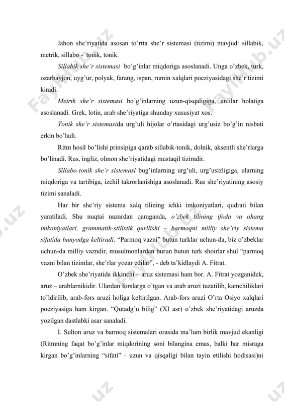 bilangina emas, balki har misraga kirgan bo’g’inlarning “sifati” - uzun va qisqaligi bilan tayin etilishi hodisasi)ni ta’kidlaydi va bu fikrni “o’zbek xalqining poeziyasida ikki ritmik sistemani yaratish fakti” bilan izohlaydi. barmoq she’r sistemasi. barmoq misralarda bo’g’inlarning muayyan miqdoriga va izchil takroriga, bir xil turoqlarning o’ziga xos tartibda guruhlanishiga asoslanadi. 1 2 3 4 5 6 7 8 9 10 11 qarshiga qor yog’adi, / qor ustiga 7+4=11 yigitlar yor olmangiz, / yor ustiga 7+4=11 yigitlar yor olsangiz, / yor ustiga - 7+4=11 namokob quyguncha bor, / bol ustiga. 7+4= 11 misralardagi bo’g’inlar miqdorini barmoqlar bilan sanash juda qulay va oson bo’lgani sababli, mazkur she’r qurilishini barmoq vazn deb yuritish rasm bo’lgan.biroq barmoqda turli turkumlardan yuzlab vaznlarning yuzaga kelish qonuniyati borligi uchun “barmoq vazni” degandan ko’ra, “barmoq sistemasi” deyish asosliroqdir. demak, barmoq sistemasidagi musiqiylik ritm asosida yuzaga kelar ekan, misolimizda yaqqol ko’ringanidek , har misrada bo’g’inlar soni 11 ta va u …