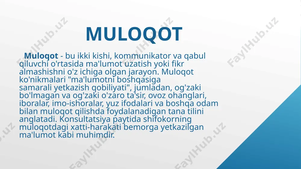 aloqa muammolari, jumladan, og'zaki bo'lmagan va og'zaki muloqot xatolari, kontent xatolari va shifokor va bemor o'rtasidagi munosabatlardagi yomon munosabatdir . shifokorlarning bemorlar bilan o'zaro munosabati davomida tushuntirishlar berish nuqtai nazaridan, bir tadqiqot shuni ko'rsatdiki, shifokorlar kasallik va boshqaruv bilan bog'liq ma'lumotlarni bemorlar o'z-o'zini boshqarish muhimligini to'liq tushunadigan tarzda taqdim etganlarida, bemorlar o'zini o'zi boshqarishni yaxshi ko'rishlari mumkin. fidji sog'liqni saqlash xizmatlaridan ko'p irqli aholi tomonidan foydalanilishini hisobga olsak, til, e'tiqod va madaniy to'siqlar shifokorlar va bemorlar o'rtasida samarali muloqotni o'rnatishda tez-tez to'siq bo'lishi mumkin. bemorlarning umidlarini qondirish uchun shifokor va bemor o'rtasidagi o'zaro munosabatlarda to'g'ri muloqotga bo'lgan ehtiyoj juda muhimdir foydalanilgan adabiyotlar: 1. karimovna, n. y. (2022). autism and the importance of communication with patients of this disease. gospodarka i innowacje., 23, 8-10. 2. нарметова, ю. (2016). тиббиёт муассасаларида психологик диагностика ишларини ташкил этишга тизимли ёндашув. scienceweb academic papers collection. 3. karimovna, n. y. (2022). yoshlarda internetga tobelik muammolari. ta'lim …