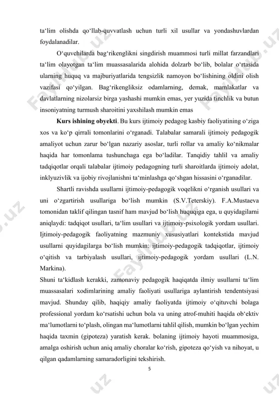 va ta‘lim olishda qo‘llab-quvvatlash uchun turli xil usullar va yondashuvlardan foydalanadilar. ijtimoiy-pedagogik faoliyatning vazifalari ijtimoiy hayotning aniq muammolarini hal qilishning yaqin istiqbollarini belgilaydi. bitta maqsadga bir necha yo‘nalishdagi (profilaktika, reabilitatsiya, inson huquqlari va boshqalar) vazifalarni amalga oshirish orqali erishish mumkin. ijtimoiy o‘qituvchining kasbiy faoliyatining vazifalari orasida quyidagilarni ajratib ko‘rsatish mumkin: • vasiylikdagilarning jismoniy, ruhiy, axloqiy, ijtimoiy salomatligini saqlash va mustahkamlash uchun sharoit yaratish; • tarbiyalanuvchining hayotida o‘zini o‘zi belgilashda axloqiy fazilatlarni, ijtimoiy ahamiyatga ega yo‘nalishlarni, munosabatlarni shakllantirish va rivojlantirish; • bolaning rivojlanishiga mikrojamiyatning to‘g‘ridan-to‘g‘ri va bilvosita ijtimoiylashtiruvchi ta‘sirining oldini olish, bartaraf etish; • mikrojamiyatda qobiliyatlarni rivojlantirish, palatadagining imkoniyatlarini ro‘yobga chiqarish uchun qulay shart-sharoitlarni yaratish; • palatadagining ijtimoiy moslashuv jarayonini optimallashtirishga qaratilgan profilaktika va reabilitatsiya tadbirlari tizimini amalga oshirish. kurs ishining nazariy va amaliy ahamiyati. kurs ishida bayon etilgan ilmiy-nazariy xulosalardan oliy o‘quv yurtlarining talabalari, o‘rta maxsus ta‘lim tizimi uchun maxsuskurslar va seminarlarda foydalanish mumkin. kurs ishi tuzilishi: kurs ishi kirish …