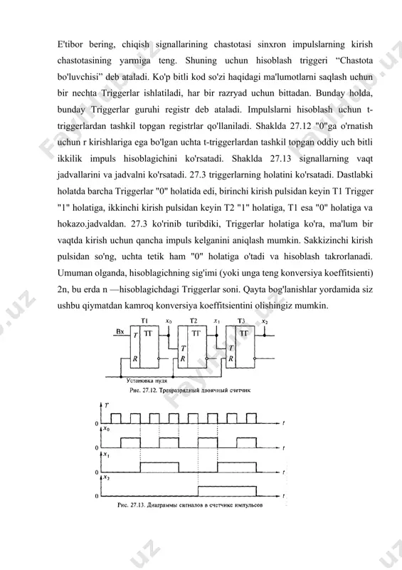 larning tezligi chiqish kodining bitlari sonining ko'payishi bilan pasaymaydi (albatta, ma'lum chegaralarga). sinxron hisoblagichning ishlashini boshqarish asenkron hisoblagichga qaraganda ancha murakkab va sinxron hisoblagichlarning razryadlari soni odatda to'rttadan oshmaydi. shuning uchun sinxron hisoblagichlar har doim ham asenkron hisoblagichlar bilan muvaffaqiyatli raqobatlasha olmaydi, ayniqsa ishlash talablari past bo'lsa. ammo sinxron hisoblagichlar, qoida tariqasida, asenkron hisoblagichlarga qaraganda ancha ko'p imkoniyatlarga ega, masalan, ular hisoblagichga parallel ravishda ma'lumot yozishni va teskari hisoblash rejimini ta'minlaydi. bir nechta sinxron hisoblagichlarni birlashtirish uchun ularning razryadlari sonini ko'paytirish uchun (kaskad qilish uchun) maxsus uzatish chiqish signalidan foydalaniladi. ushbu signalni shakllantirish tamoyillariga va undan foydalanish tamoyillariga qarab, sinxron (parallel) hisoblagichlar asenkron (ketma-ket) uzatish hisoblagichlariga va sinxron (parallel) uzatish hisoblagichlariga (yoki to'liq sinxron hisoblagichlarga) bo'linadi. asenkron uzatish bilan sinxron hisoblagichlar asenkron hisoblagichlar va to'liq sinxron hisoblagichlar orasidagi tezlik bo'yicha oraliq pozitsiyani egallaydi. ularning ishlashini boshqarish sinxron hisoblagichlarga qaraganda osonroq, ammo asenkron hisoblagichlarga qaraganda qiyinroq. ushbu hisoblagichlar kirish signalining ijobiy …