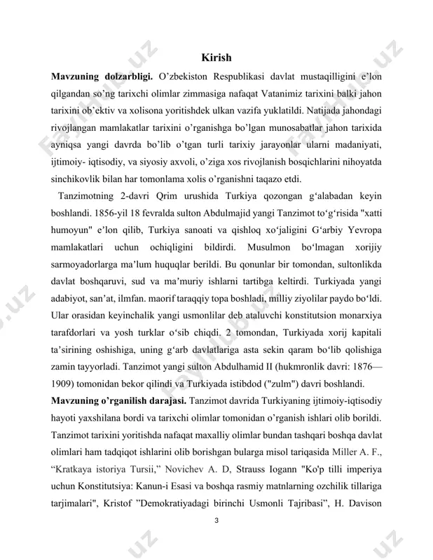 nbalardan foydalanish va taqqoslash usullari qo’llanildi. kurs ishining strukturasi. kurs ishi ikkita bob, tort paragrif, xulosa va foydalanilgan adabiyotlardan iborat i bob. usmonlilar imperiyasidagi tanzimat. 1.1 tanzimat islohotlari usmonli imperiyasida va ularning natijalari. 1839 yilda misrning mag'lubiyati turkiyaning yuziga tupurishdir. milliy xo'rlash tanzimat. 2 ta oliy davlat kengashining ba'zi a'zolari (1838 yilda eng yuqori byurokratiyadan tuzilgan) o'zgarishlarning cheklovlarini tushunishadi. mustafo reshid posho (u angliya va fransiyadagi elchi, keyin tashqi ishlar vaziri bo'lgan) yangi islohotlar loyihalari bilan shug'ullanadi. ularning maqsadi sultonning kuchi¯ milliy-ozodlik harakatlari va portning yevropaga qaramligini zaiflashtirdi. ish yangi sulton abdul-machid davrida yakunlandi. tanzimatning 1-bosqichi. (1839-1853) gulxaney hatt-i-sherif 1839 yil islohotlarning asosiy tamoyillari (mansabdor shaxslar aralashdi islohotlar izchil amalga oshirildi) diniy mansubligidan qat'inazar, imperiyaning barcha sub'ektlarining hayoti, sha'ni va mulki xavfsizligini ta'minlash. jinoyat qonunchiligi qabul qilindi, savdo kodeksi tuzildi, musulmon va musulmon boʻlmagan jamoalar vakillaridan davlat va viloyat maslahat kengashlari (mejlis) tuzildi. lekin musulmon bo'lmagan aholining huquqlari oshmadi[footnoteref:2]. [2: …