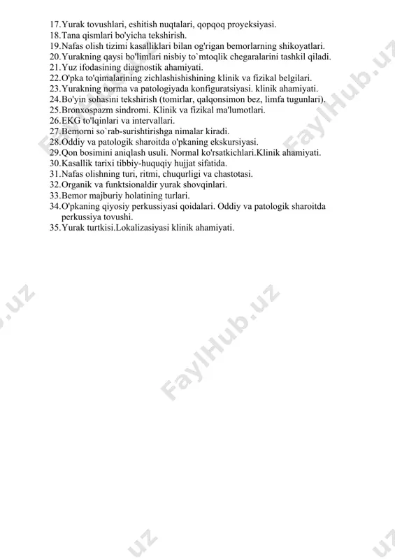 o soha; 2. to'shning chap qirg'og'i bo'ylab to'rtinchi qovurg'alararo soha; . 3. chap to‘sh oldi chizig'i bo'yicha to'rtinchi va beshinchi qovurg'alararo soha; 4. chap o'rta o'mrov chizig'i bo'yicha beshinchi qovurg'alararo soha; 5. chap qo'ltiq osti old chizig'i bo'yicha beshinchi qovurg'alararo soha; 6. chap qo'ltiq osti o'rta chizig'i bo'yicha beshinchi qovurg'alararo soha 25.hayot anamneziga nimalar kiradi. hayot anamnezi - bemoming jismoniy, ruhiy, ijtimoiy holati to‘g‘risida axborot beruvchi tibbiy taijimai hoi hisoblanadi. unda tekshirihivchining hayot davrlari (chaqaloqlik, bolalik, o‘smirlik, katta yoshlik) yoritilishi kerak. ushbu axborotlar ko‘lami (hajmi) benjorga tibbiy yordam ko‘rsatilayotgan sharoitdan kelib chiqiladi. shoshilinch holatlarda faqat tashhis qo‘yish va tezkor tibbiy yordam ko‘rsatish uchun zarur bo‘lgan ma’lumotlar yig‘iladi. bir so‘z bilan aytganda hayot anamnezi qanchalik mukammal yig‘ilgan bo‘lsa, shifokor uchun bemor shunchalik tushunarli bo‘ladi. bu esa o‘z navbatida tashhisni aniqlash va davolash tamoyillarini belgilash, profilaktika chora-tadbirlarini o‘tkazishda muhim ahamiyatga ega. yuqorida qayd etilgan hayot davrlari bilan birga oilaviy hayoti, uydagi sharoitlar, …