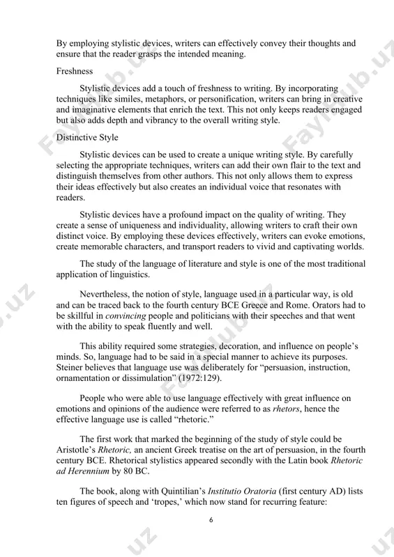 reek treatise on the art of persuasion, in the fourth century bce. rhetorical stylistics appeared secondly with the latin book rhetoric ad herennium by 80 bc. the book, along with quintilian’s institutio oratoria (first century ad) lists ten figures of speech and ‘tropes,’ which now stand for recurring feature: onomatopoeia, antonomasia, metonymy, periphrasis, hyperbaton, hyperbole, synecdoche, catachresis, metaphor, and allegory (fahnestock 100). rhetors used linguistic tropes as means of ornamentation and ‘persuasive language’ to affect the audience psychologically, and this is what steiner stresses: language applied, in a perfectly deliberate and analyzable fashion, to the job or persuasion, instruction, ornamentation or dissimulation, as the case might bу. poetics came under the heeding of rhetoric; both were patently of the realm of the grammarian and teachers of eloquent discourse (steiner 129). steiner’s statement highlights a new term called poetics, which split from rhetorical stylistics. the term poetics comes from the greek …