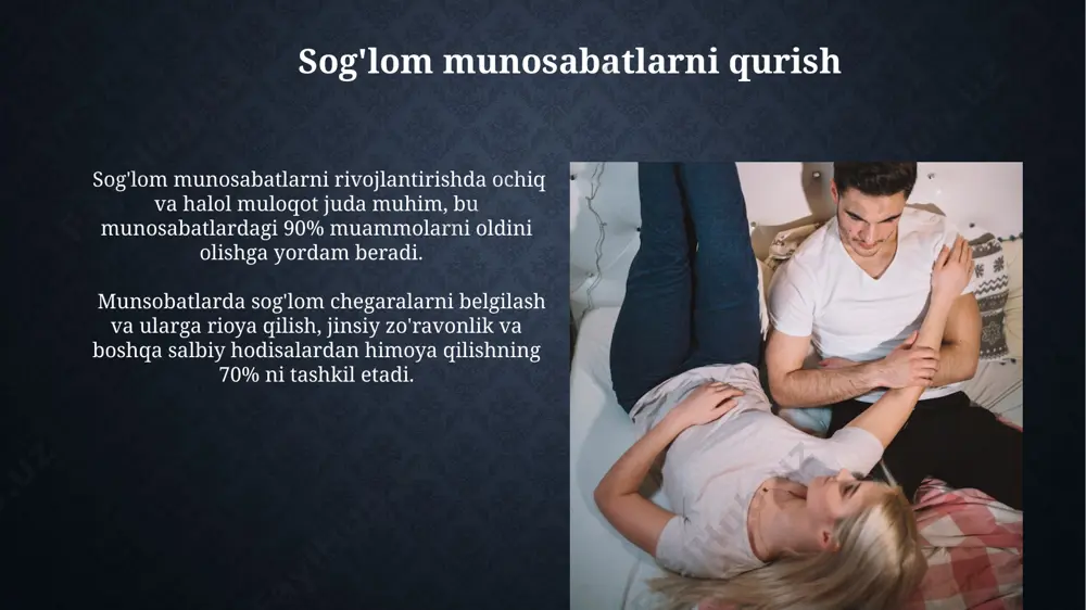 tekshiruvlarni o'z ichiga oladi. bu sog'lom reproduktiv salomatlikni saqlashga yordam beradi. jinsiy sog'liq jinsiy aloqada himoya vositalaridan foydalanish, xususan prezervativ, homiladorlik va jyiy dan himoya qilishda 98% ga yaqin samaradorlikni ta'minlaydi. jinsiy yo'l bilan yuqadigan infeksiyalar (jyiy)ning 30 dan ortiq turi mavjud bo'lib, ularning aksariyati samarali davolash mumkin. erta tashxis va davolash jiddiy asoratlardan himoya qiladi. muloqotning ahamiyati muloqot, munosabatlarning 70% gacha qismini tashkil etadi va sog'lom jinsiy hayot uchun ishonch va yaqinlikni rivojlantirishda muhim rol o'ynaydi, bu esa munosabatlarning barqarorligiga ta'sir qiladi. muloqot orqali jinsiy sog'liqqa oid savollarga javob topish, shu jumladan, 5 ta asosiy jinsiy yo'l bilan yuqadigan kasalliklarning oldini olish bo'yicha maslahatlar olish mumkin. xavfsiz jinsiy aloqa o'rtacha har 1000 nafar ayollarning 5-10 nafari tug'ish yoshidagi davrida homiladorlikning oldini olish vositalaridan foydalanmasdan jinsiy aloqada bo'lganda homilador bo'lishlari mumkin. jinsiy sheriklaringiz bilan ochiq va halol muloqot qilish, jyi tekshiruvidan o'tish va salomatlik holatini bilish xavfsiz jinsiy hayot uchun …