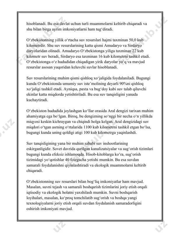 ib, dunyo aholisi 9 milliarddan oshishi kutilmoqda va bu esa suv resurslariga bo'lgan talabni keskin oshiradi. iqlim o'zgarishi natijasida esa ko'plab mintaqalarda yomg'irli mavsumlarning uzayishi yoki qisqarishi, suv manbalarining qurib qolishi kabi holatlar yuzaga kelmoqda. bundan tashqari, bmt ma'lumotlariga ko'ra, qishloq xo'jaligida sarflanadigan chuchuk suvning miqdori global darajada iste'mol qilinayotgan suvning 70 foizini tashkil etadi. bu esa qishloq xo'jaligida samarali suv boshqaruvi yo'qligi tufayli suv tanqisligini yanada kuchaytirmoqda. chuchuk suv yetishmovchiligining oqibatlaridan biri bu sog'liqni saqlash muammolarining yuzaga kelishi. har yili 1.6 million odam toza suv yetishmovchiligi va sanitariya sharoitlarining yomonligi sababli vafot etadi. ayniqsa, bolalar orasida diareya kasalliklari tufayli vafot etish holatlari ko'pdir. yunesko ma’lumotlariga ko‘ra, har kuni 800 dan ziyod bola ichimlik suvining sifati pastligi tufayli halok bo‘ladi. suv tanqisligi oziq-ovqat yetishmovchiligiga ham olib keladi. suv yetarli bo‘lmaganda ekinlar o'sa olmaydi, natijada hosildorlik pasayadi. bu esa mahalliy darajada ocharchilikka, kengroq ko'lamda esa oziq-ovqat narxlarining oshishiga olib kelishi mumkin. …