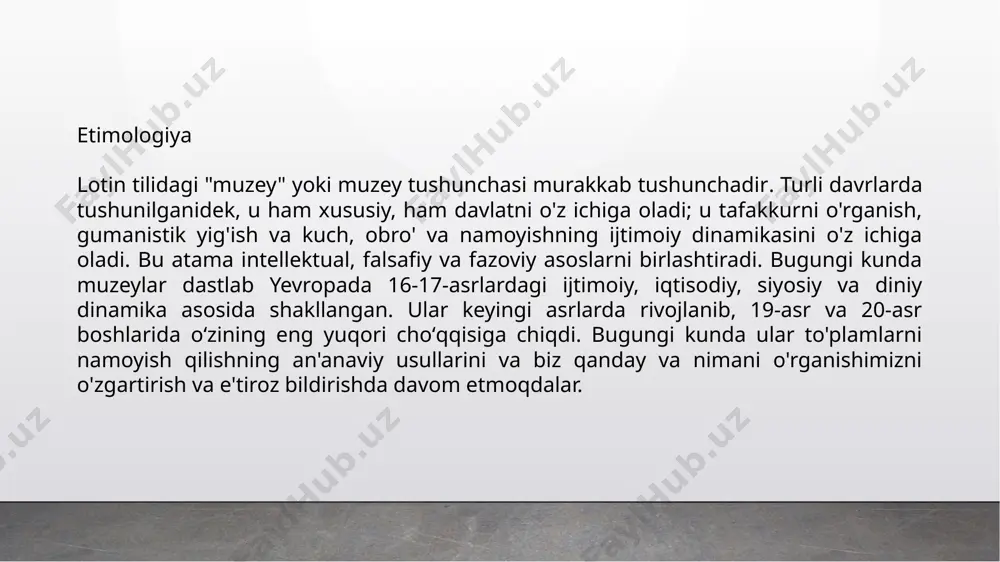 shkil etish va boshqarishgacha bo'lgan bir qancha bosqichlarni o'z ichiga oladi: birinchi bosqich - ob'ektni aniqlash. ushbu bosqichda tadqiqotchilar va arxeologlar muzeylashtirishni talab qiladigan tarixiy yoki madaniy ahamiyatga ega ob'ektlarni aniqlaydilar . bu me'moriy inshoot, arxeologik topilma yoki boshqa artefakt bo'lishi mumkin shundan so'ng ob'ektni tadqiq qilish va hujjatlashtirish amalga oshiriladi. arxeologik qazishmalar, tarixiy tadqiqotlar va hujjatlar orqali olimlar ob'ektning kelib chiqishi, tarixi va ahamiyatini to'liq tushunishga intilishadi. shundan so'ng ob'ektning holati baholanadi. ob'ektning hozirgi holati baholanadi,uning xavfsizligiga ta'sir qilishi mumkin bo'lgan shikastlanishlar, eskirish va mumkin bo'lgan tahdidlar aniqlanai tadqiqot natijalari asosida muzeylashtirish rejasi ishlab chiqilmoqda . ushbu reja saytni tiklash, saqlash, talqin qilish va namoyish qilish strategiyalarini o'z ichiga oladi termiz arxeologiya muzeyi termiz markaziy osiyoning eng qadimiy shaharlaridan biridir. termizda kushonlar davrining noyob meʼmoriy yodgorliklari, xususan, oʻrta osiyoning kushonlar davri meʼmoriy durdonalaridan biri boʻlgan ayratam buddistlar ibodatxonasi majmuasi joylashgan. u yerda olib borilgan koʻplab qazishmalar natijasida oʻrta osiyo …
